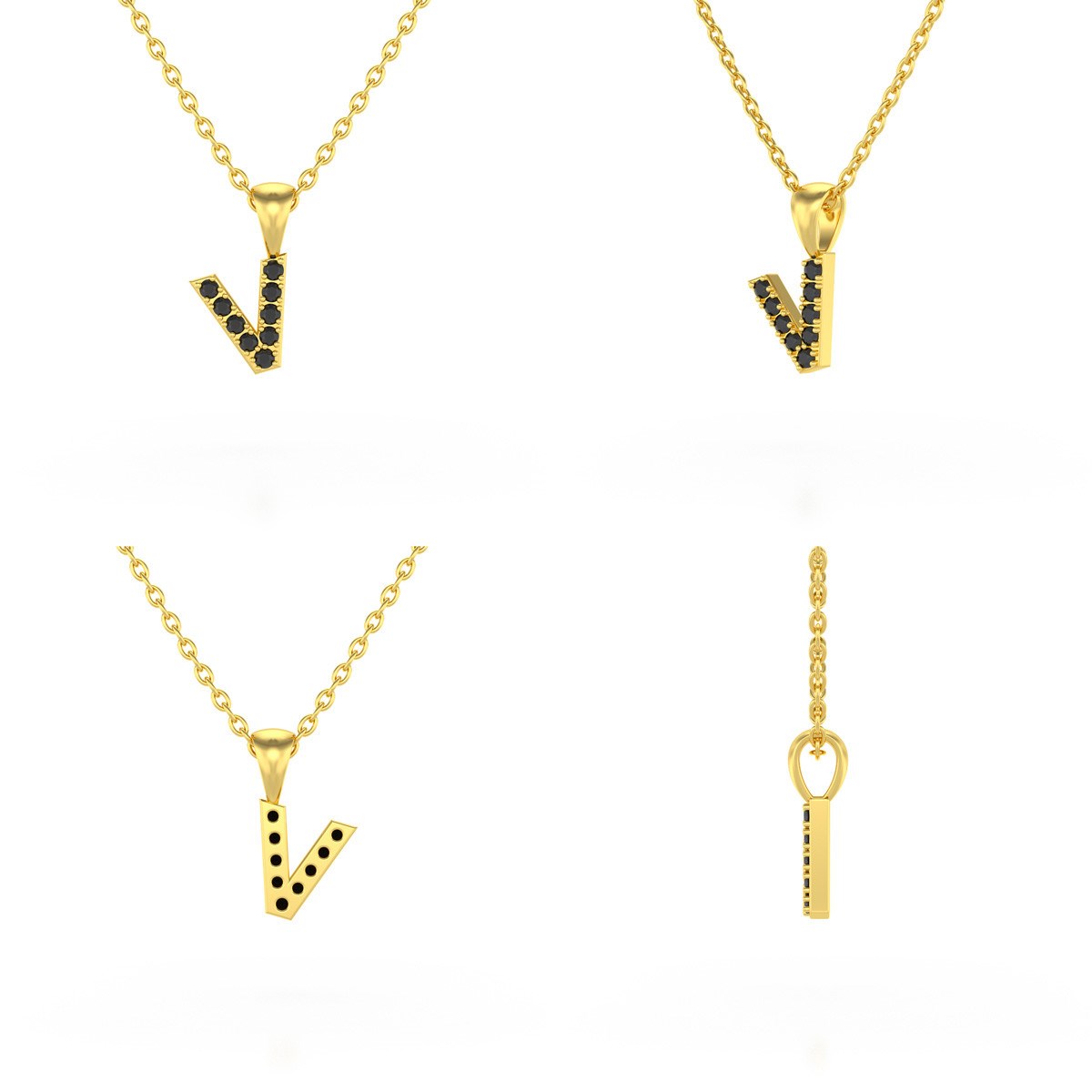 Collier Pendentif ADEN Lettre V Or 750 Jaune Diamant Noir Chaine Or 750 incluse 0.72grs