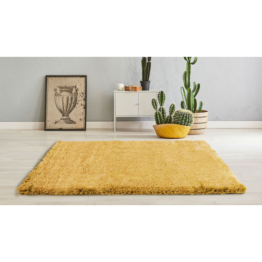 Tapis salon, chambre uni jaune moutarde shaggy à poils longs doux 100x150cm- décoration- mobilier d'intérieur