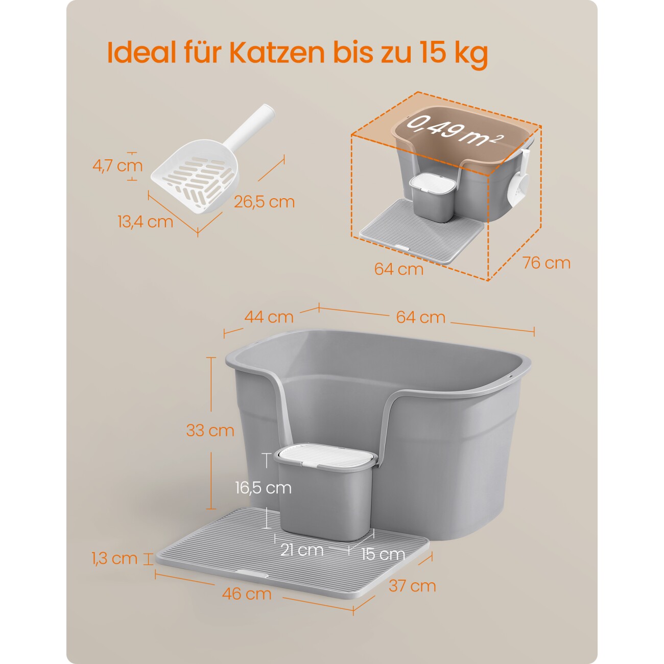 FEANDREA 2er Katzentoilette für große Katzen mit hohen Seitenwänden grau