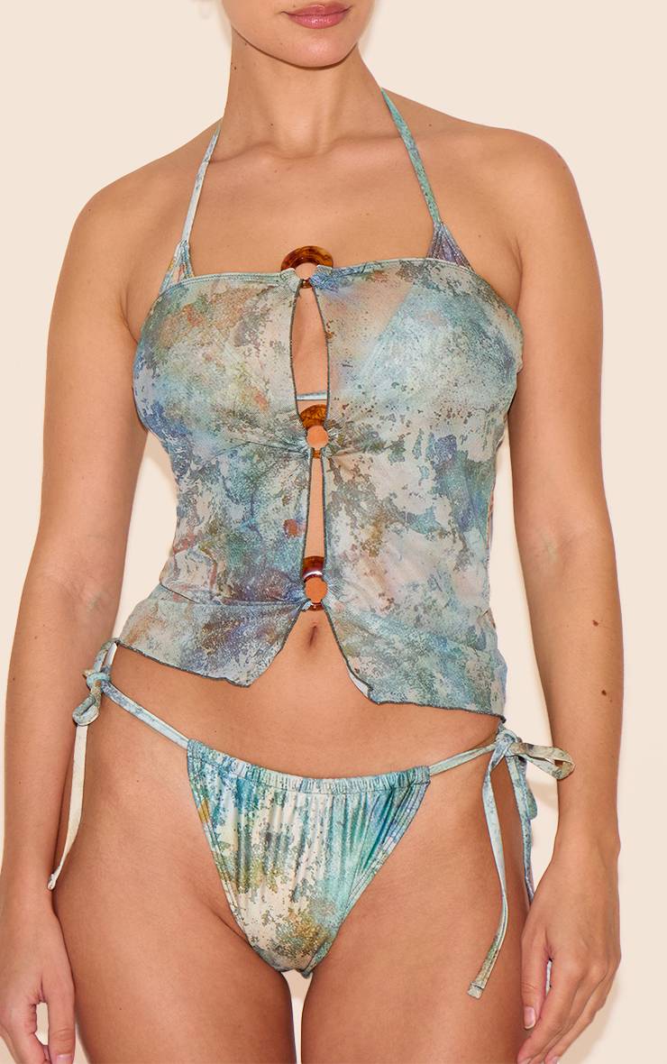Vert Haut De Plage Bandeau À Imprimé Marbré Avec Détail Anneau En O