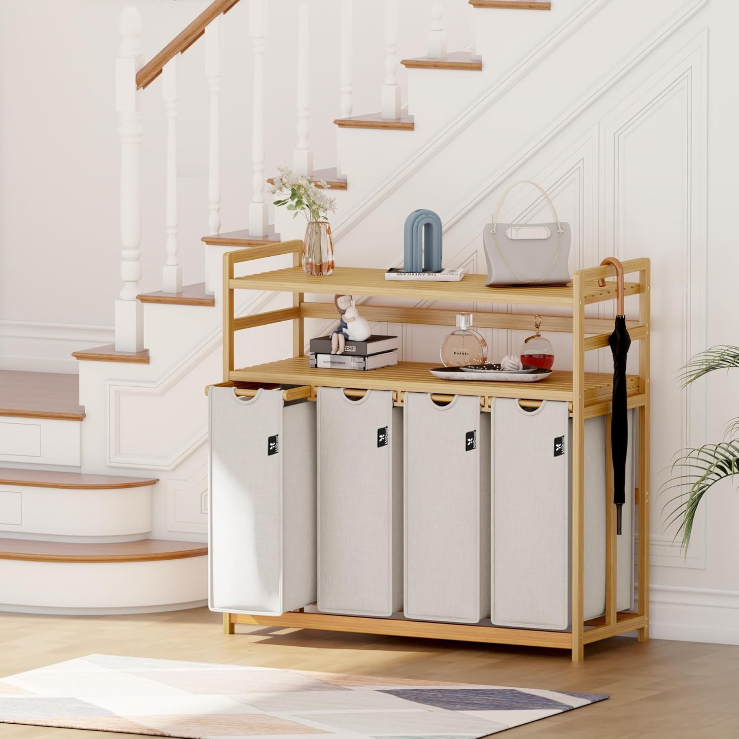 AdelDream Premium Wäschekorb 200L – Wäschesortierer mit 4 Fächern & 2 Ablagen, Bambus Wäschebox mit ausziehbarem & abnehmbarem Wäschesack, Hellgrau
