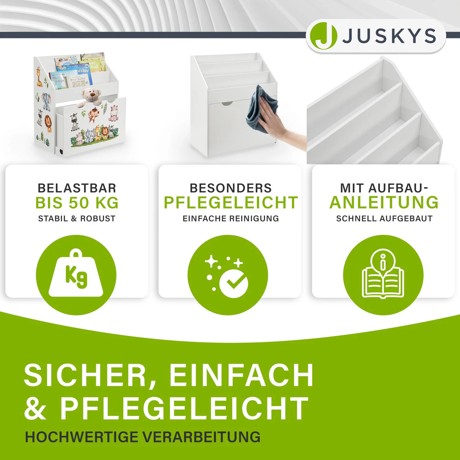 Juskys Kinder Bücherregal 3 Fächer & Spielzeugkiste - Holz Regal Weiß - 63x30x70 cm - Aufbewahrung