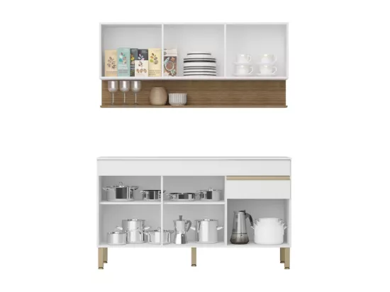 Cuisine Equipée 6 Portes 1 Tiroir Chêne et Blanc L 150 H 200 P 53.3 cm