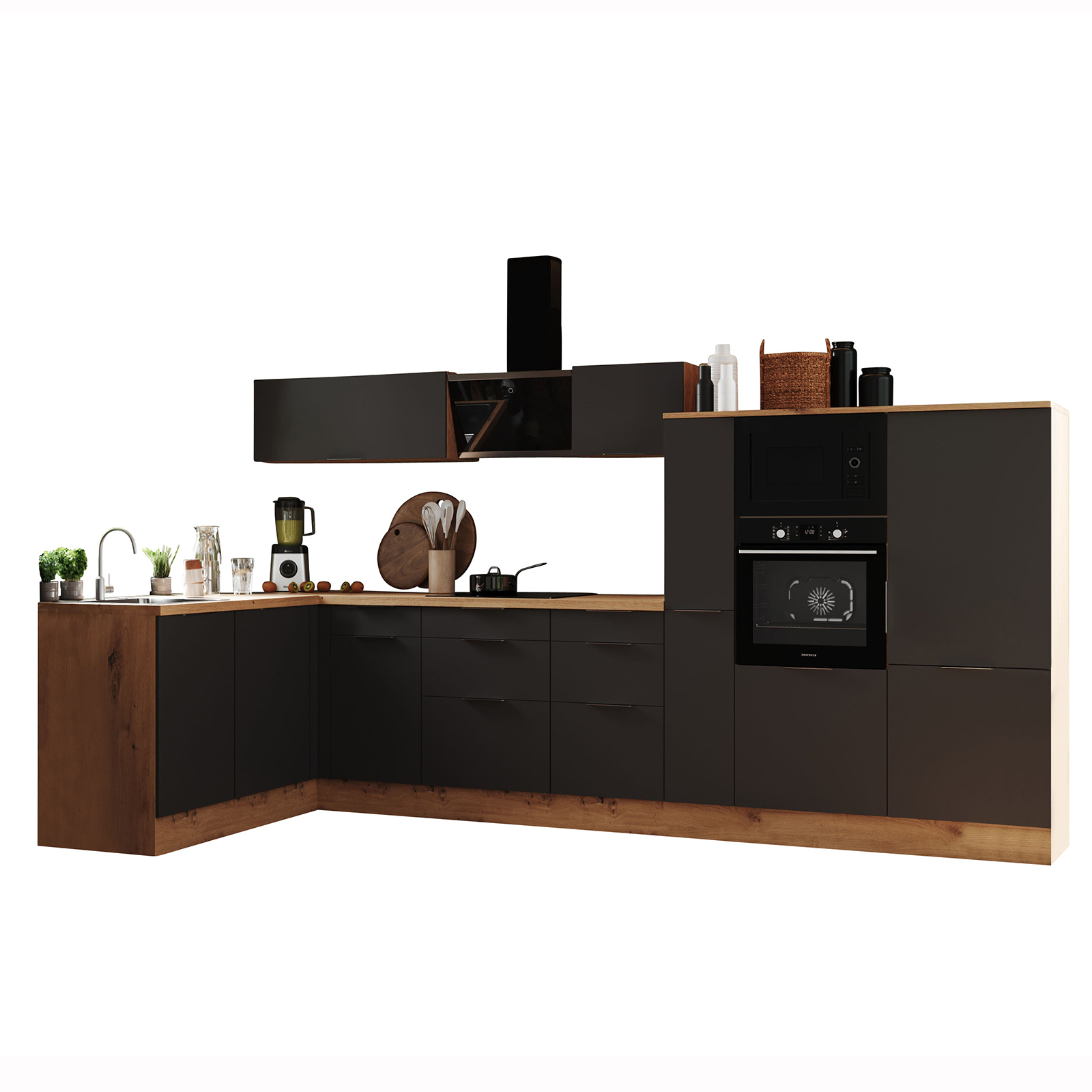 RESPEKTA Winkelküche - grau matt - Artisan Eiche - mit E-Geräten - 370 cm