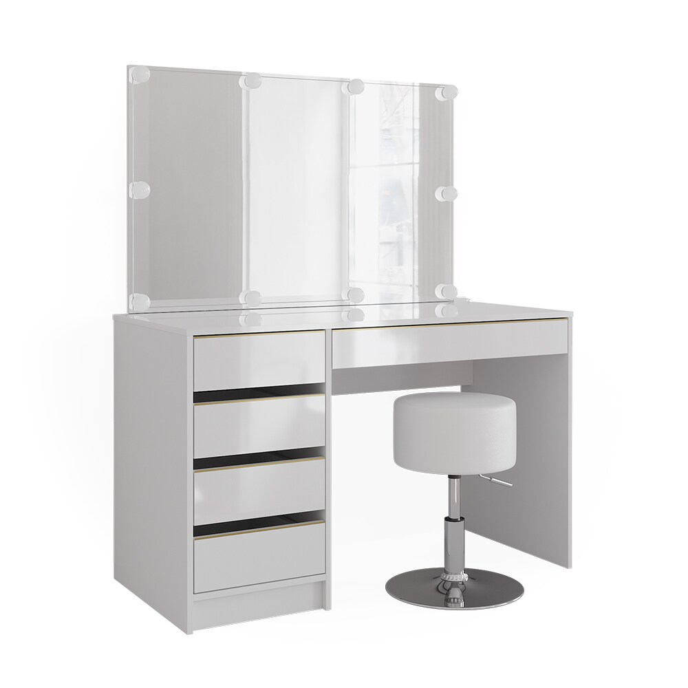 Vicco Schminktisch Sherry Weiß Hochglanz Gold 120 x 75 cm 5 Schubladen Spiegel Hocker LED