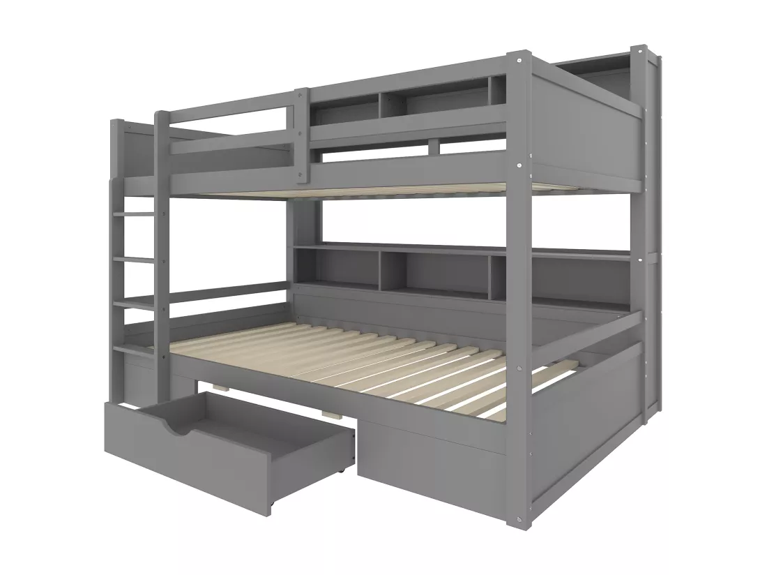 Lit superposé pour enfant 2x90x200cm - avec un tiroir et compartiments - Gris
