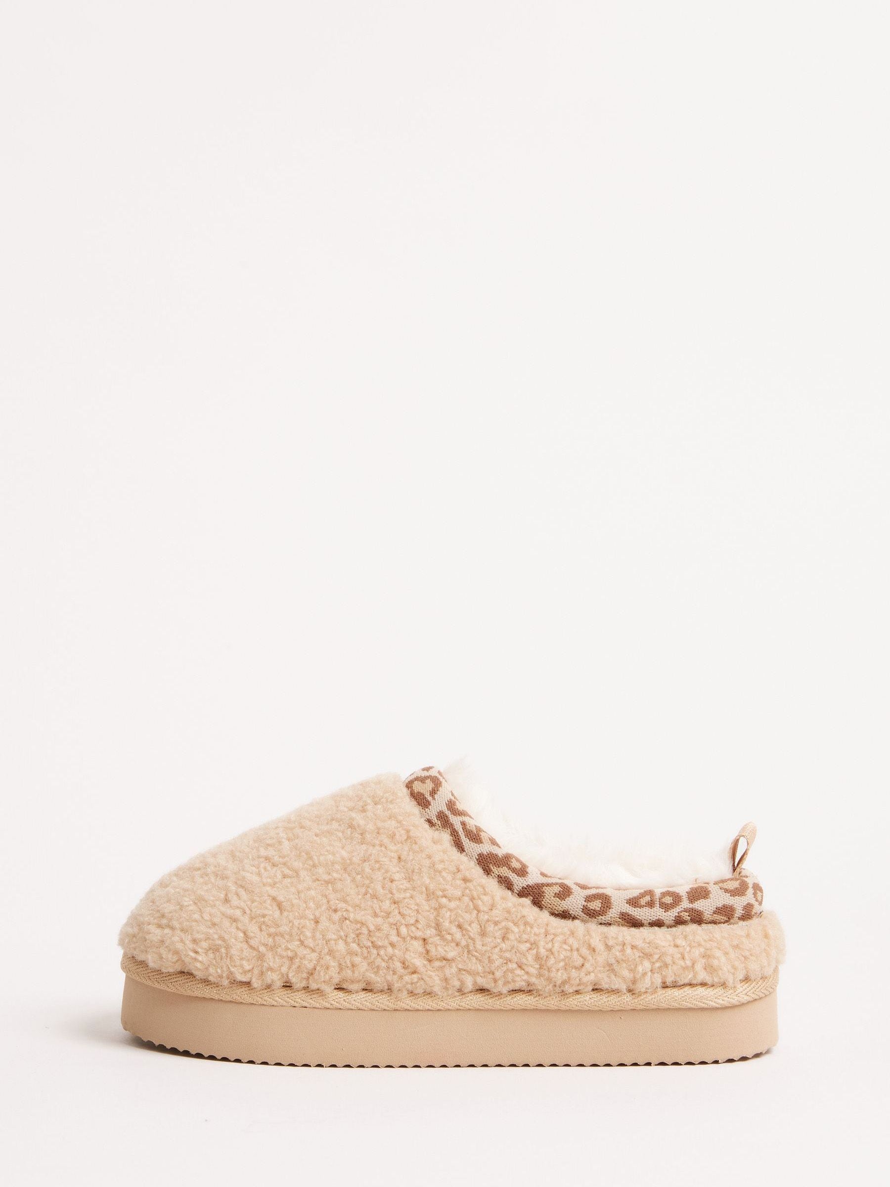 Beige - Lipsy EVA Leopard Print Trim Borg Fluffy Slip On Clog Slippers