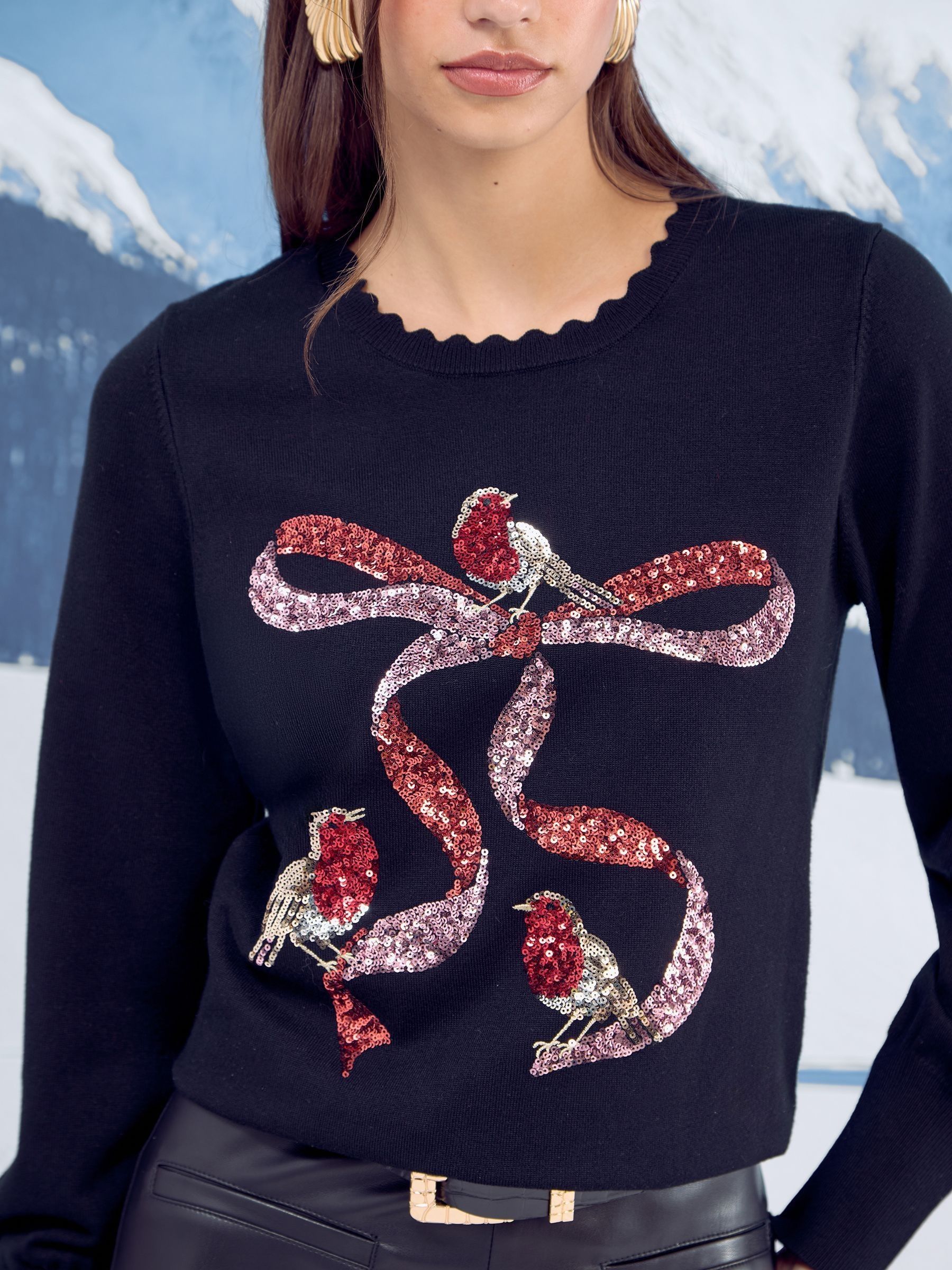 Zwart Roodborstje Strik - Lipsy Christmas Crew Neck Fine Gauge Knitted Jumper