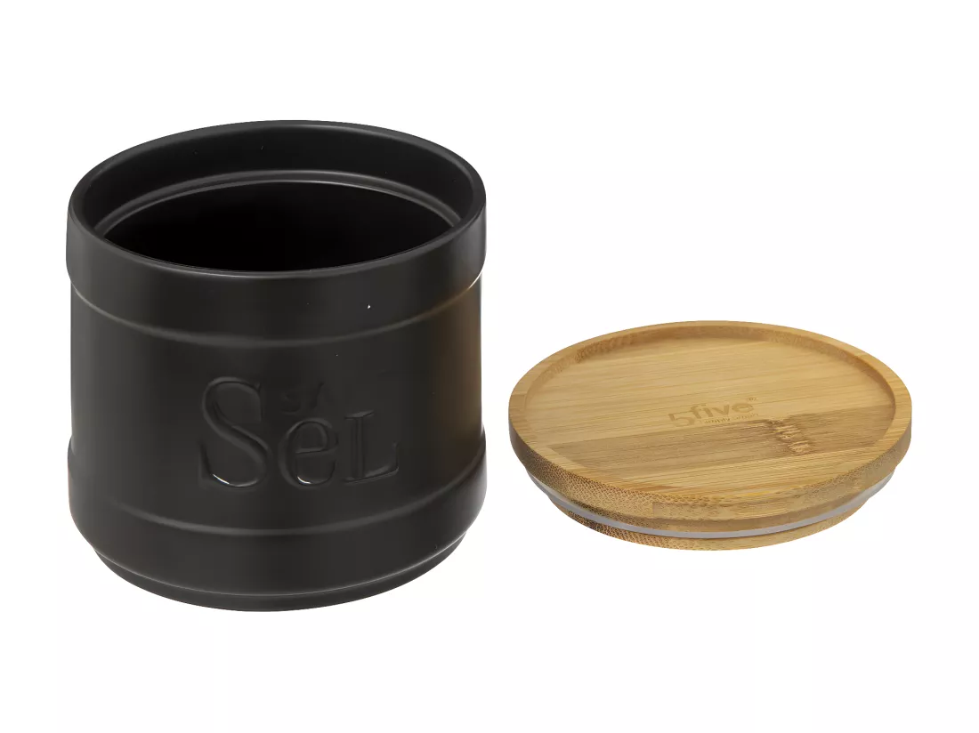Boîte à sel en céramique Noire et couvercle en Bambou