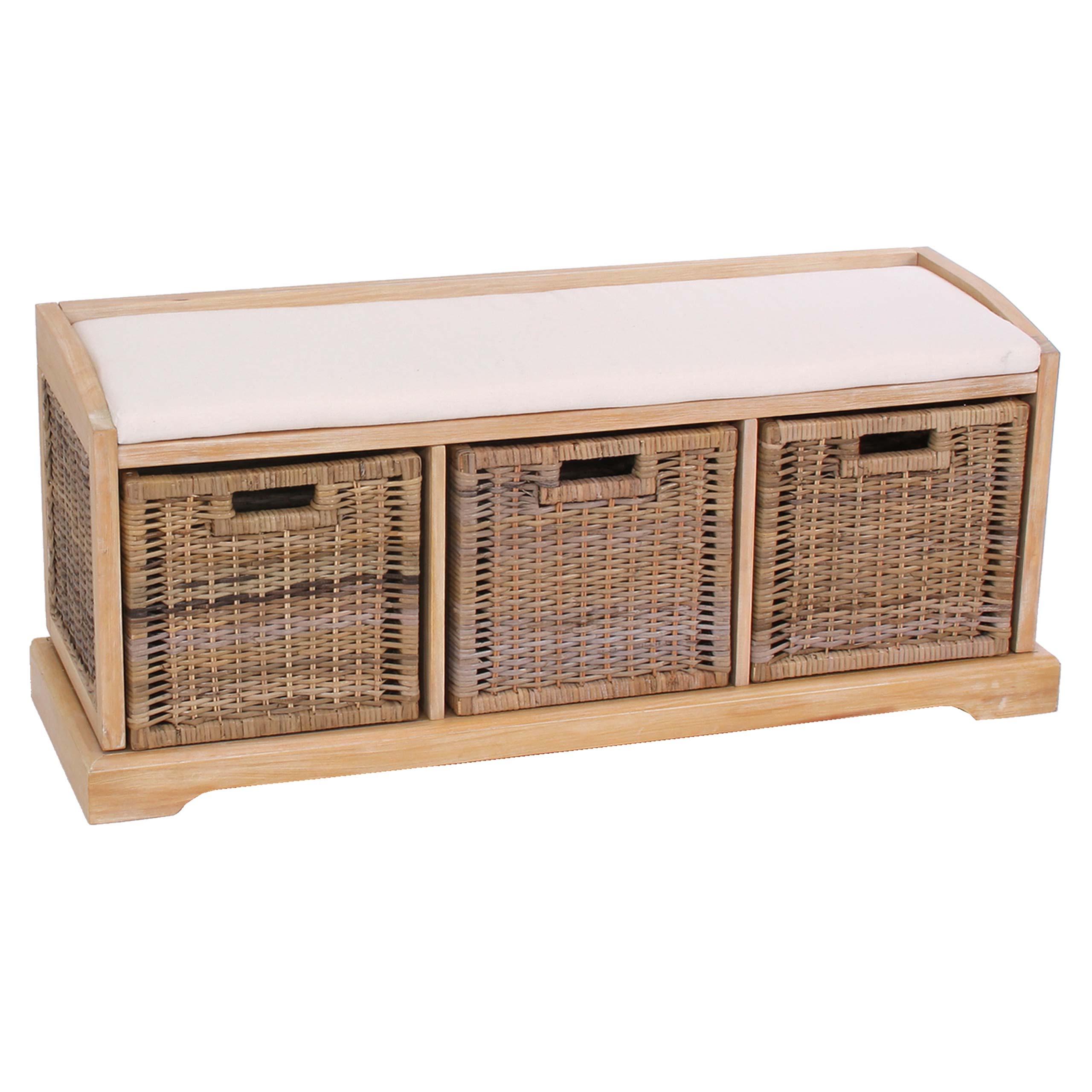 Sitzbank Adana, Aufbewahrungsbox, 3 Körbe, Kubu-Rattan-Geflecht, 112x46x37cm ~ hell