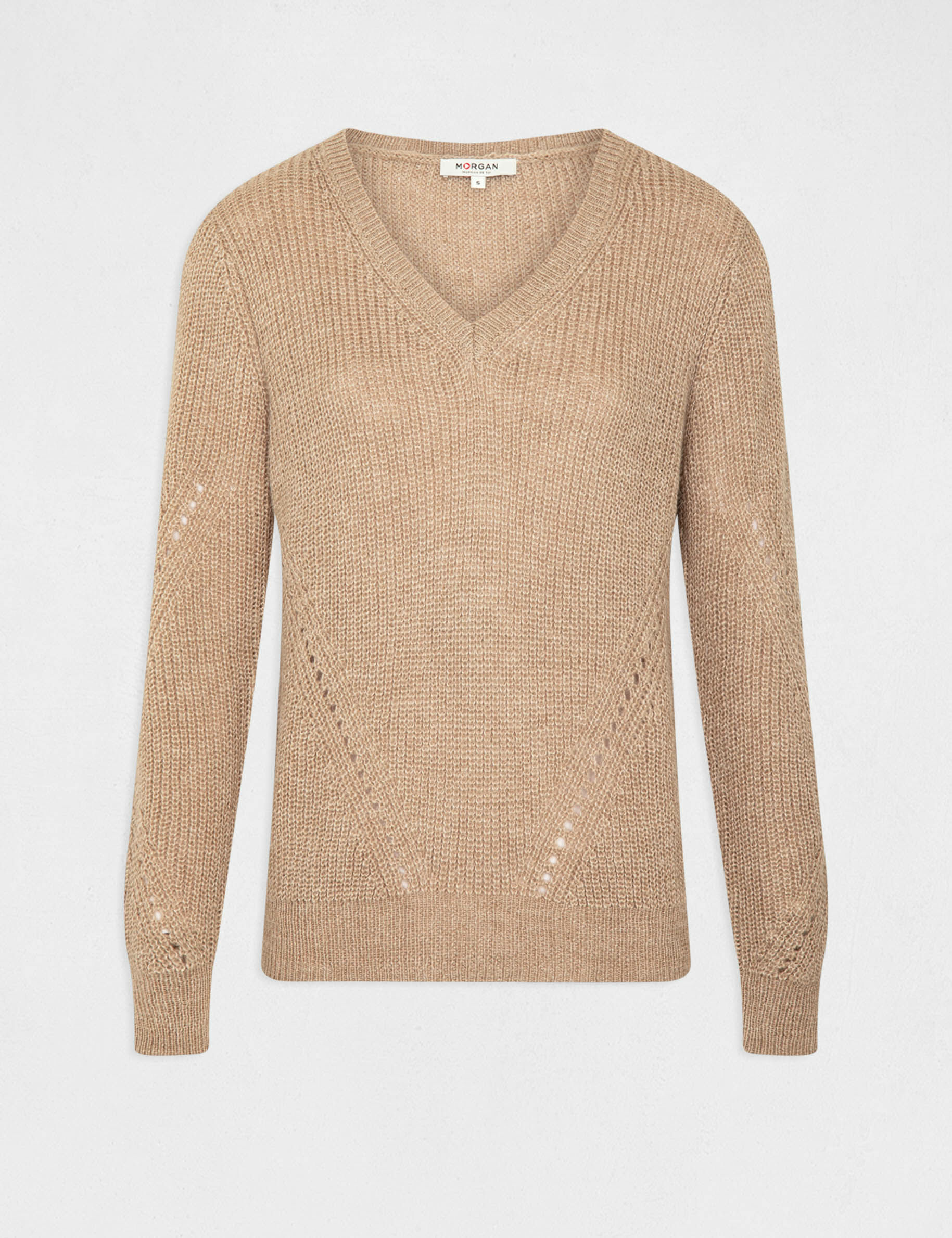 Pull manches longues à col en V taupe femme - taupe
