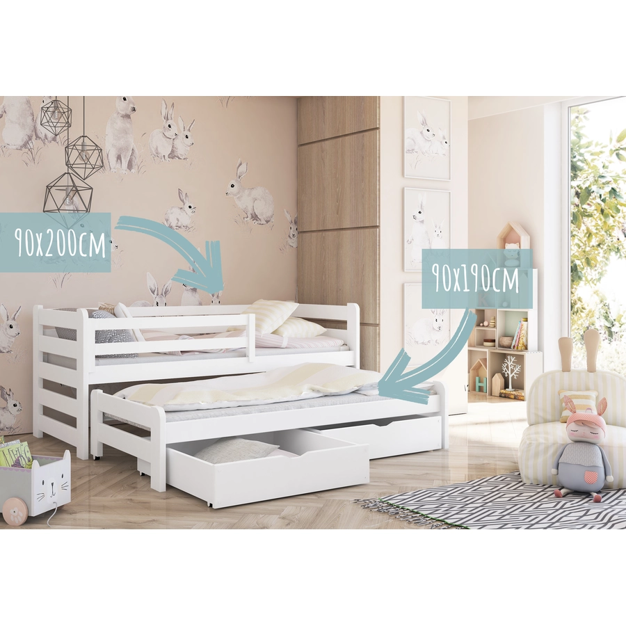 Kids Collective Einzelbett 90x200 mit Rausziehbett 90x190 mit 2 Schubladen, Rausfallschutz weiß mit Matratze