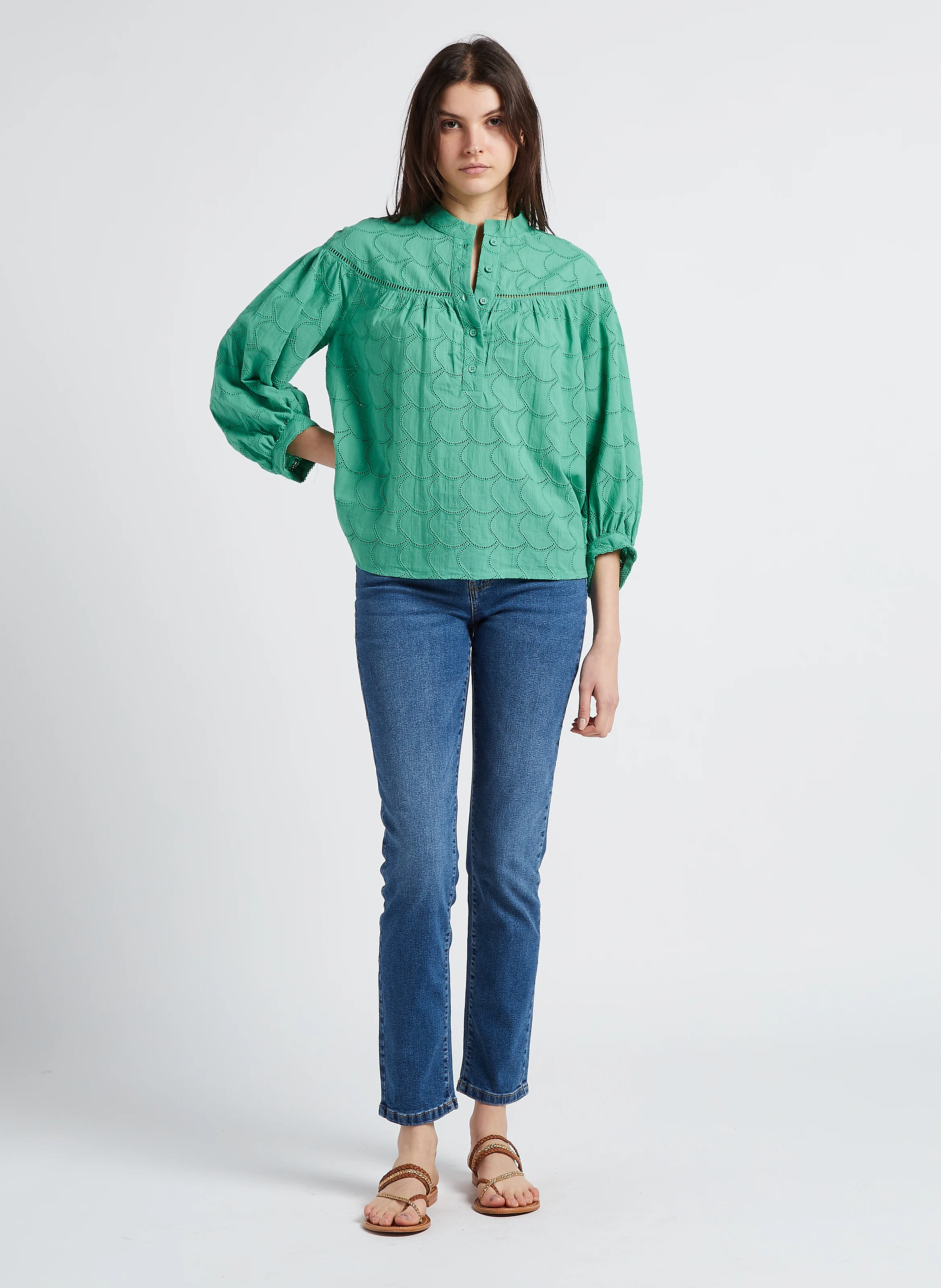 Jean droit taille mi-haute en denim de coton| Bleu