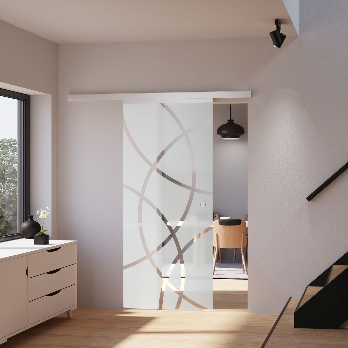 Glazen schuifdeur met cirkels, 1025 x 2200 mm, binnendeur, glazen schuifdeursysteem - verzonken handgreep + 2-zijdige softclose