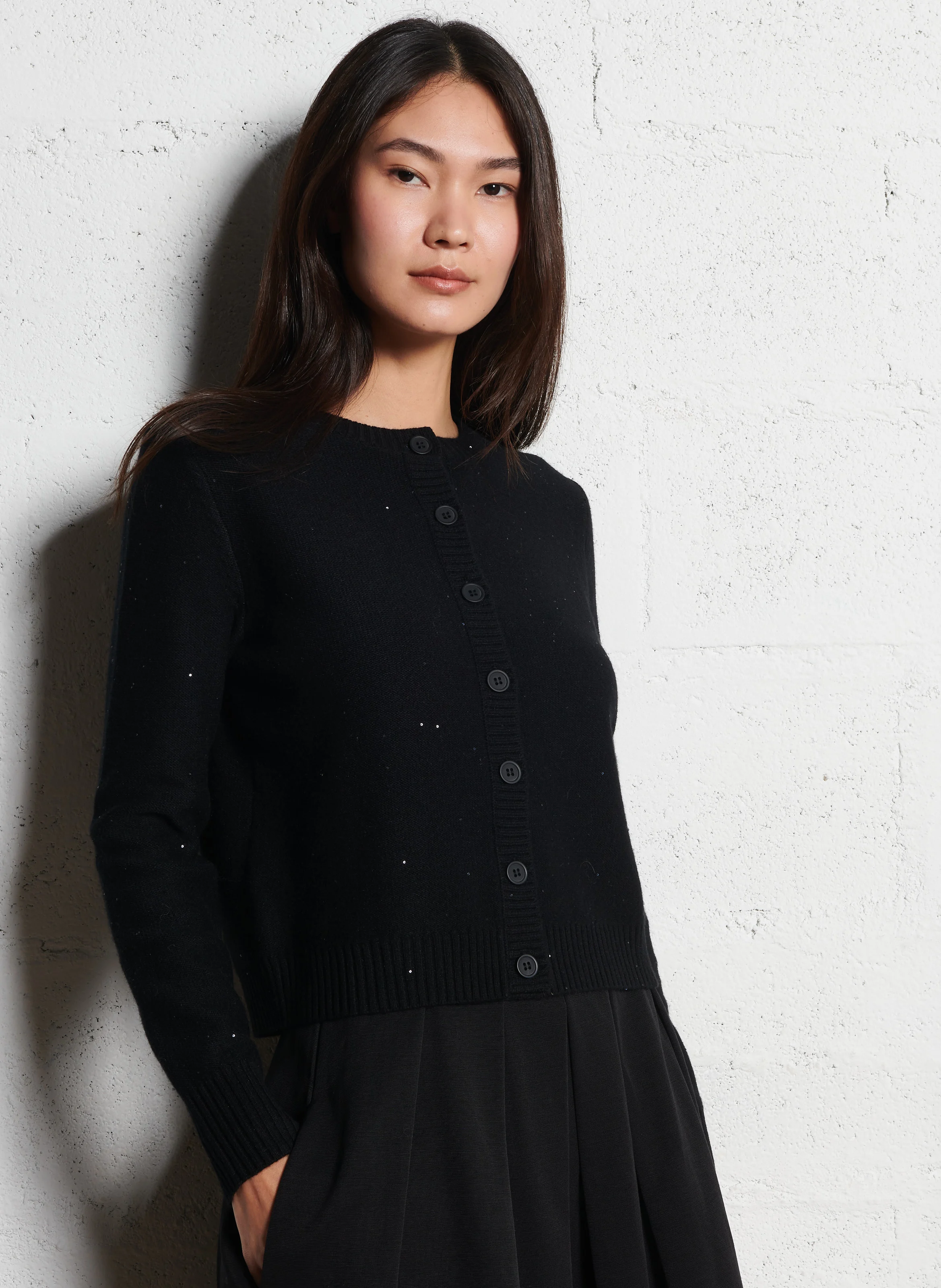 CHRYSTAL - Gilet col rond en laine mélangée | Noir