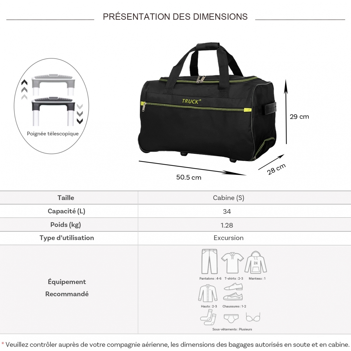 Truck Sac de voyage cabine avec roulettes 34L Truck polyester taille S 50.50cm