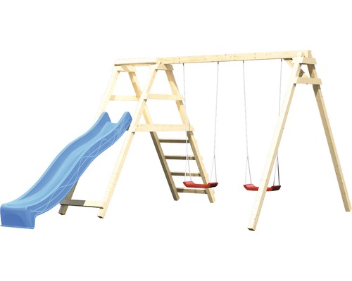 AKUBI Felix dubbele schommelset met klimrek en glijbaan, blauw