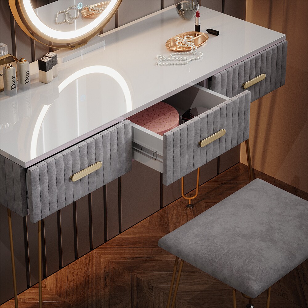 Vicco Schminktisch Frisiertisch Schminkkommode Layla Weiß Grau LED-Spiegel Design-Hocker 100x79 cm modern Schlafzimmer Kommode Schublade Ablage Aufbewahrung Touch-Switch Kosmetiktisch Make-Up-Tisch