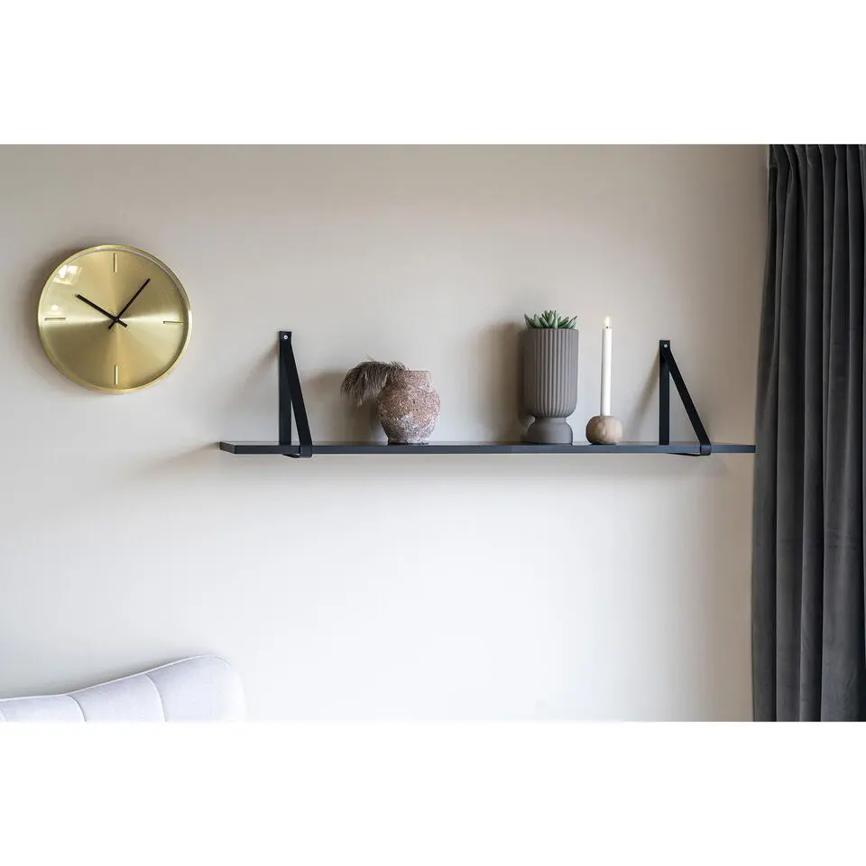 QUVIO Wandplank zwevend met lederen banden – 120x20 cm – Hout – Zwart