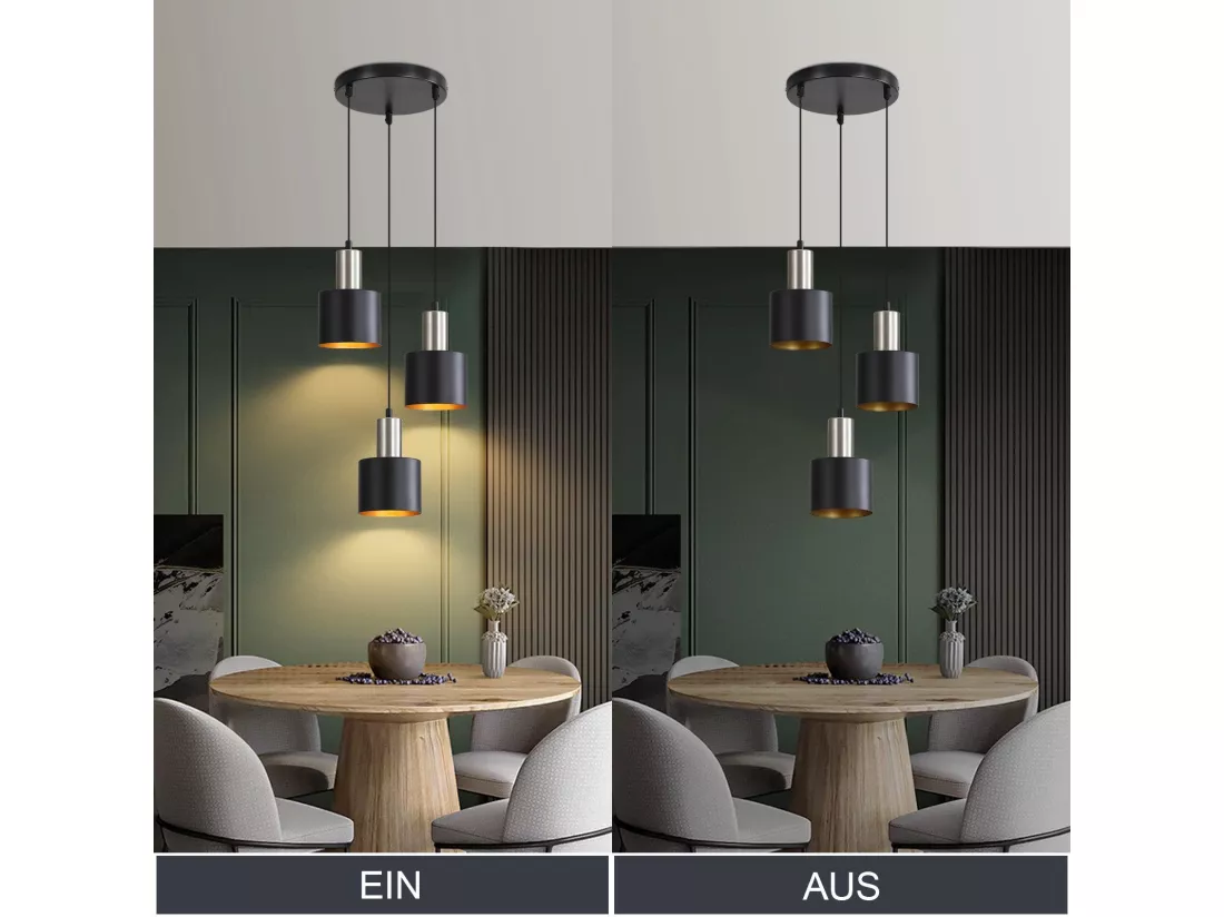 NETTLIFE Suspension table à manger E27 lampe suspendue vintage suspendue 3 ampoules noir or