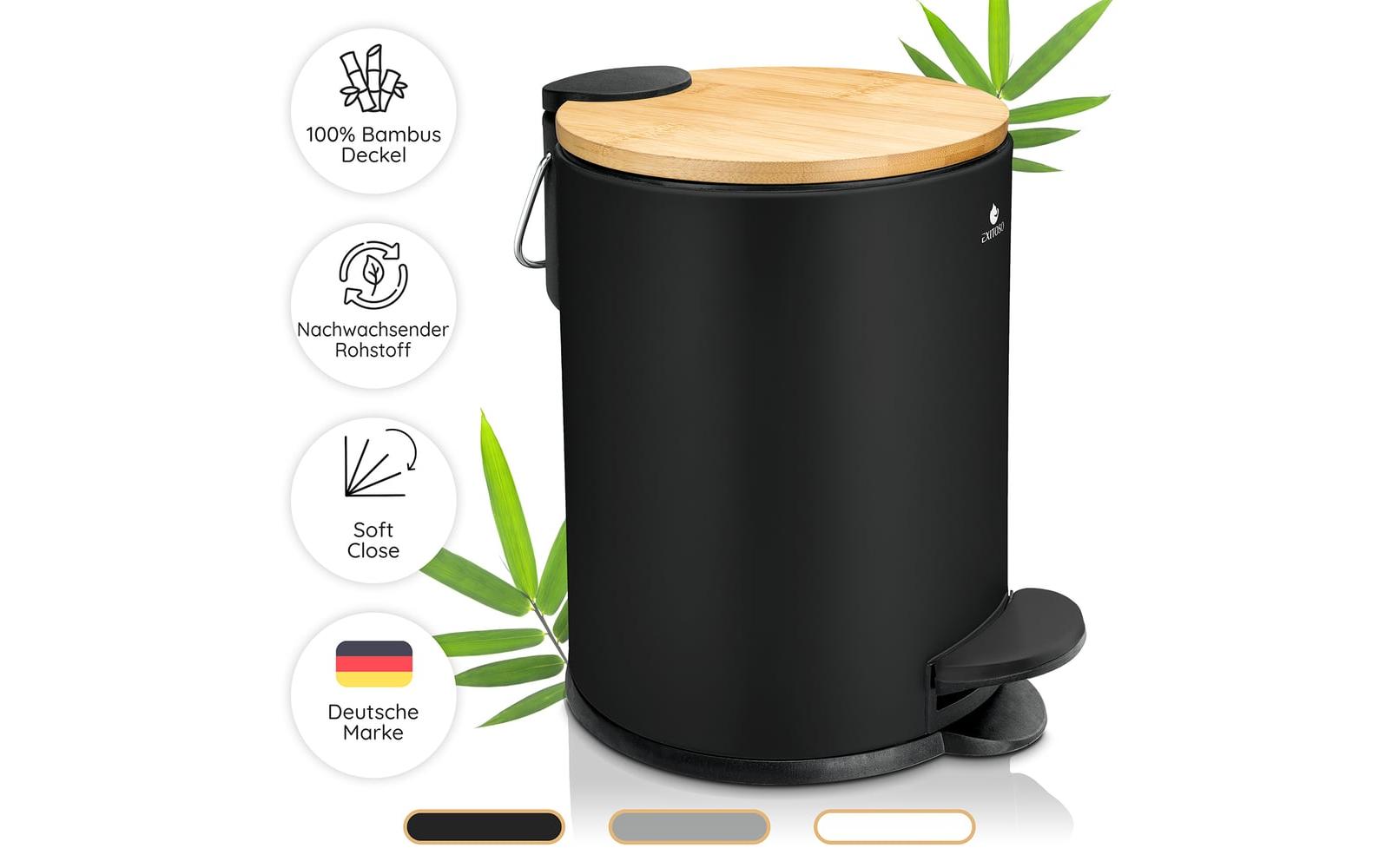 Tretmülleimer mit Softclose-Deckel 3 l, SchwarzAbfalleimer aus Bambus
