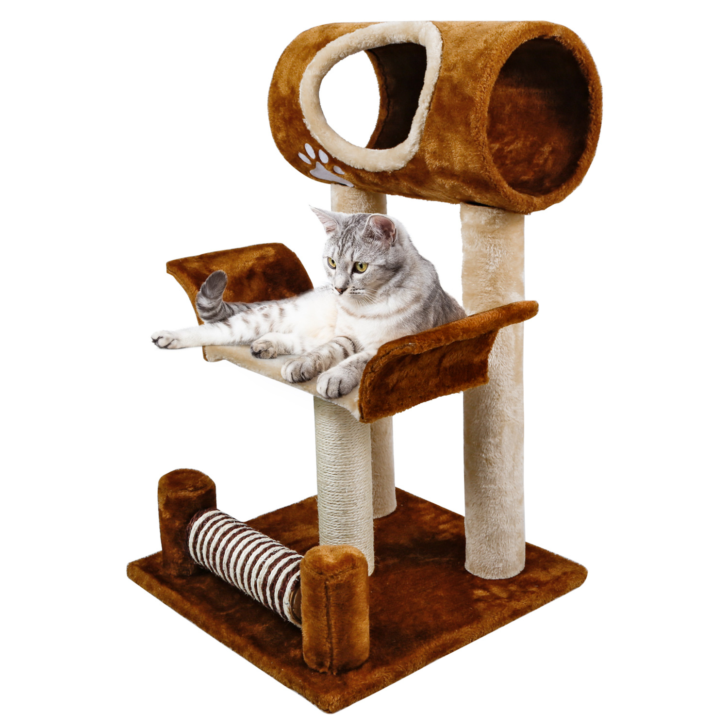 Nobleza - Arranhador para Gatos com Duas Plataformas, Caverna e Brinquedos Pendurados. Marrom, 52*25*47 cm.
