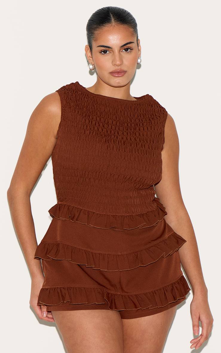Chocolat Combishort Grande Taille Tissé Froncé À Encolure Bateau