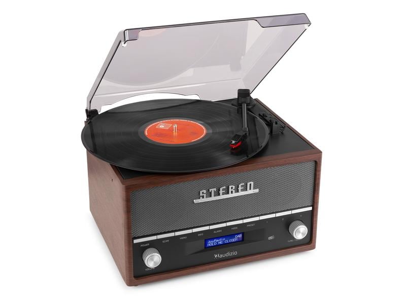 Audizio Plattenspieler mit Bluetooth Frisco Braun/Grau Plattenspieler mit Radio und Stereo-Lautsprechersystem