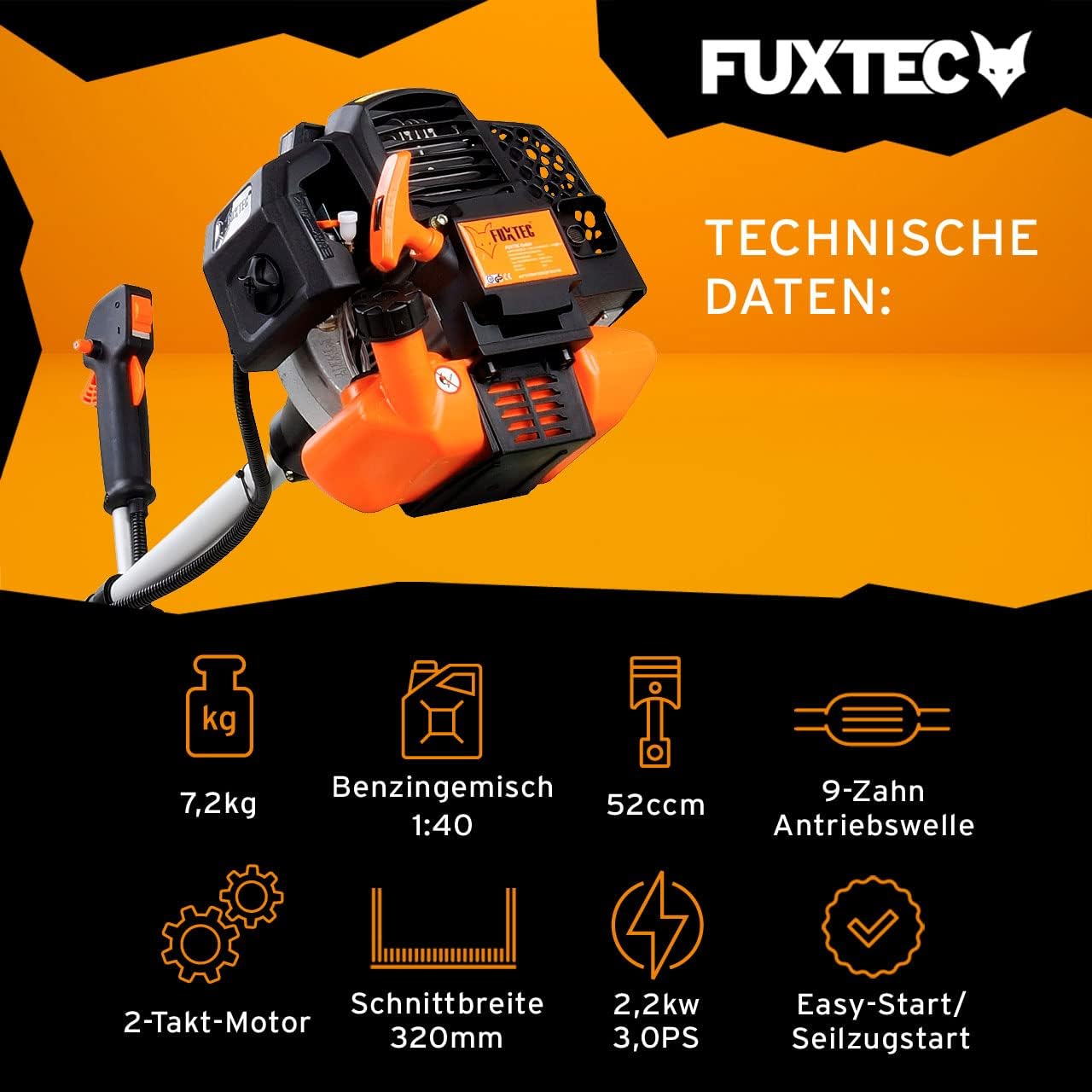 FUXTEC Benzin Motorsense FX-MS152 mit 52 cc, 2in1 Multitool , Profi-Tragegurt und 3 PS Leistung Trimmer Rasentrimmer Freischneider fs Faden 2-Takt, getestet in der Oberklasse mit Note 1,4 Easy Starter