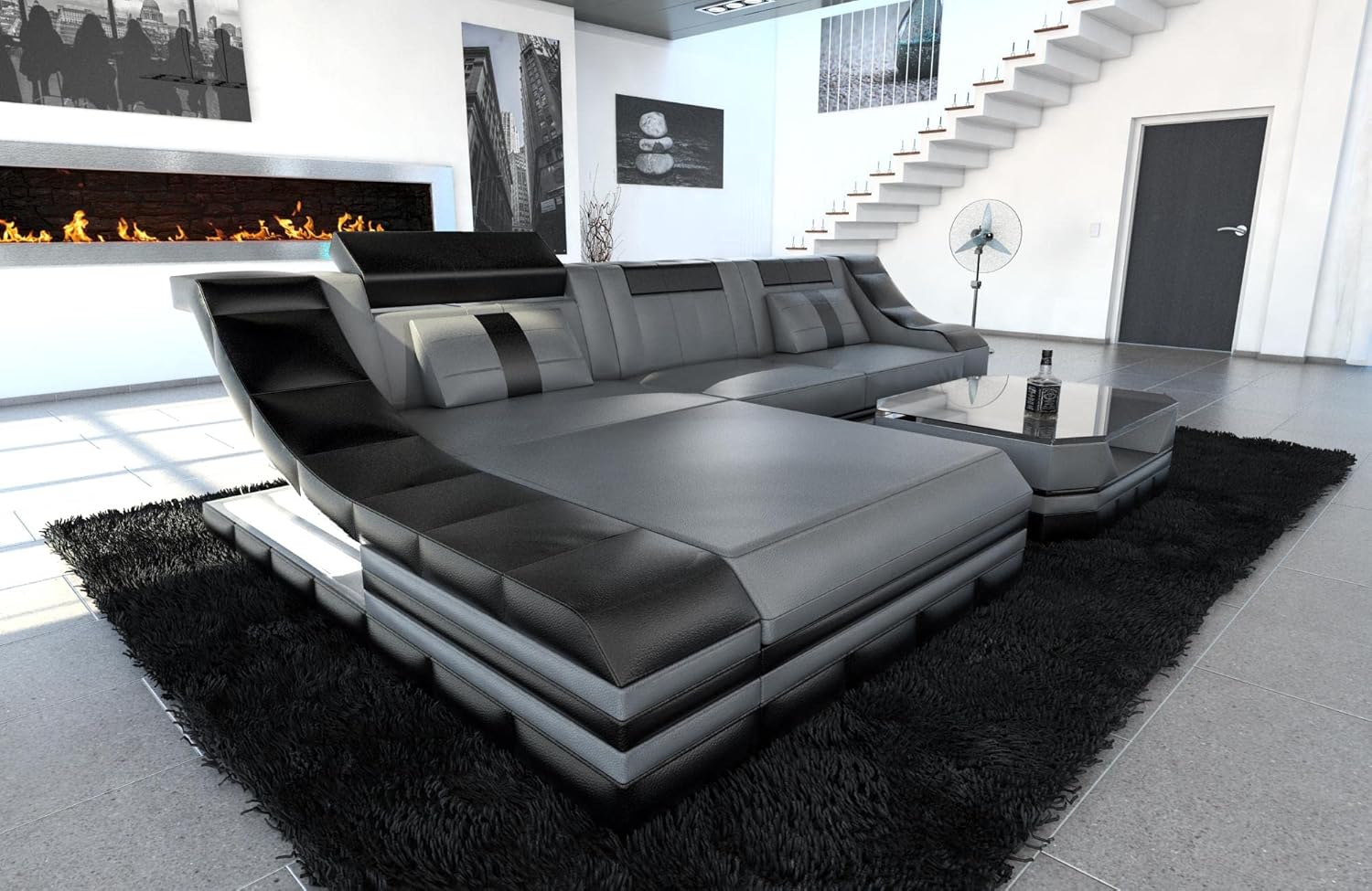 Sofa Dreams Ledersofa Turino L Form Ecksofa - mit LED Beleuchtung, verstellbare Kopfstützen, Recamiere/Lederfarben wählbar/Ausrichtung wählbar (Ottomane Links, Grau-Schwarz)