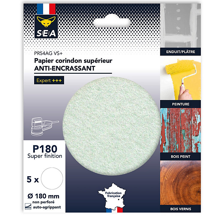 Papier abrasif corindon ø180 mm grain 180 anti-encrassement non perforé, lot de 5