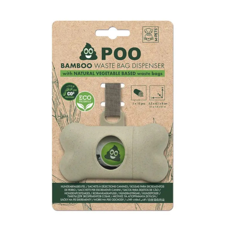 Porta-sacos biodegradável de bambu M-pets Poo + 15 sacos para fezes de cachorro
