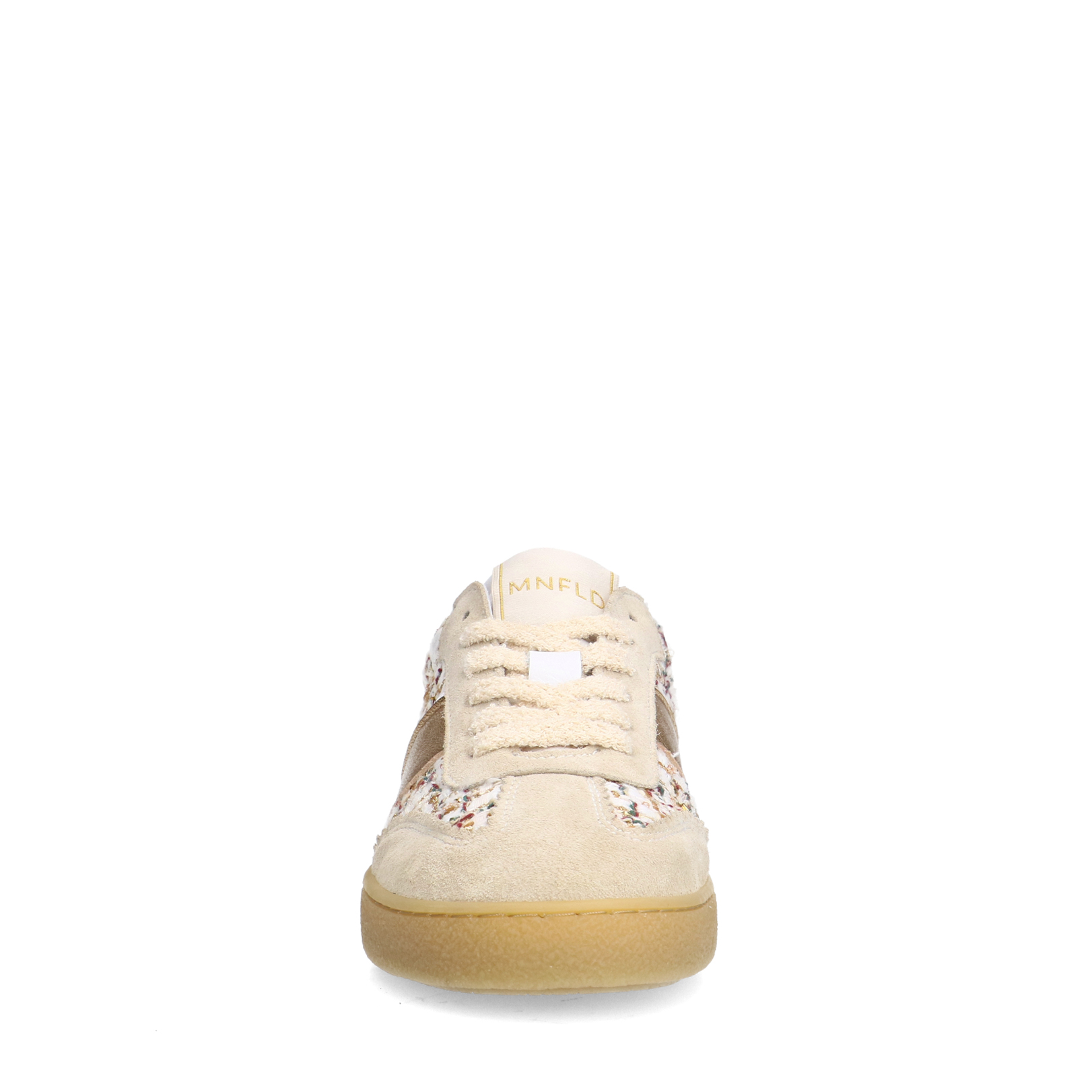 Beige bouclé sneakers met gouden details