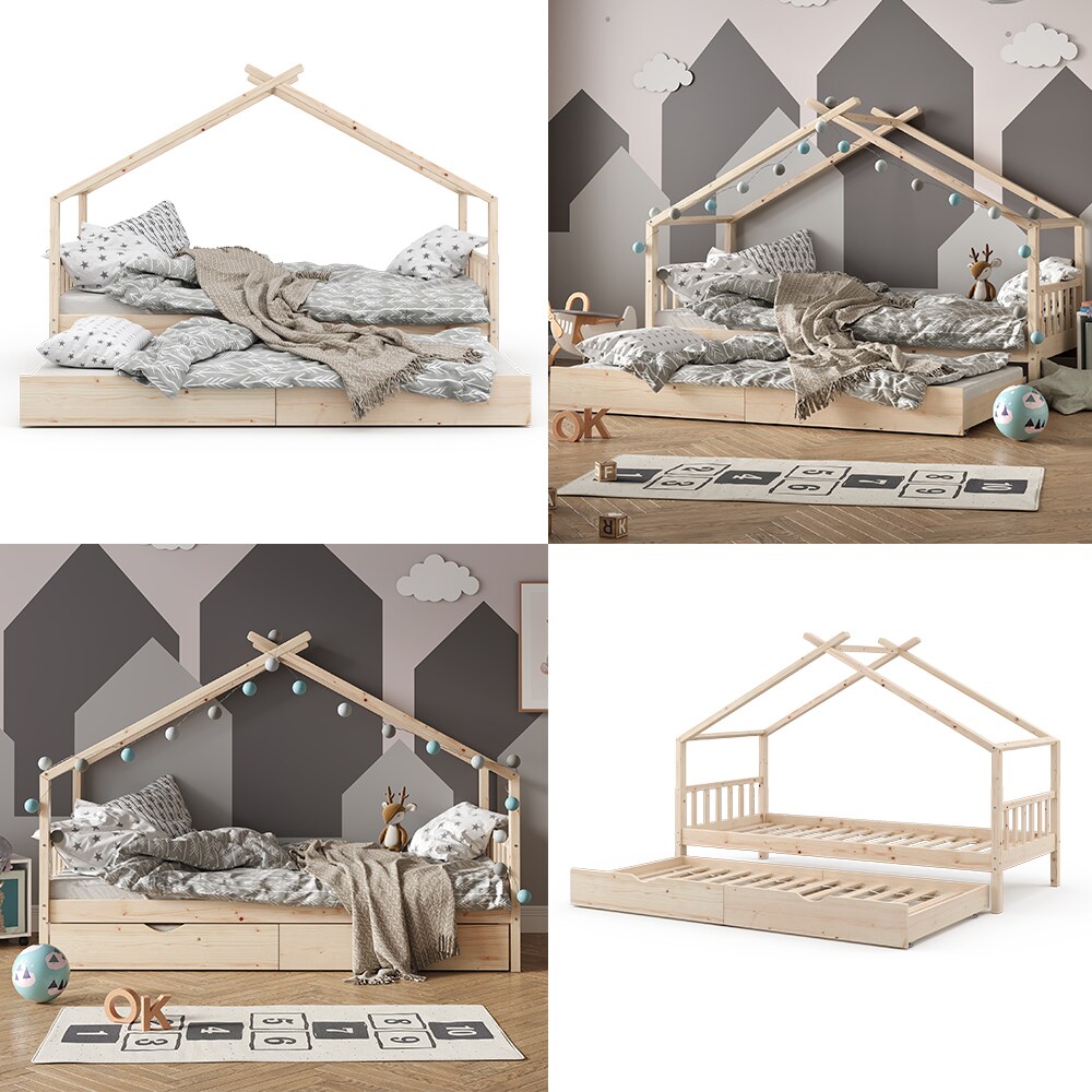 VITALISPA Kinderbett DESIGN Hausbett Gästebett Lattenrost Natur 90x200 Schublade