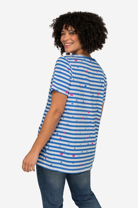 T-Shirt, Comfort Fit, Ringel, Stern, Rundhals, Halbarm