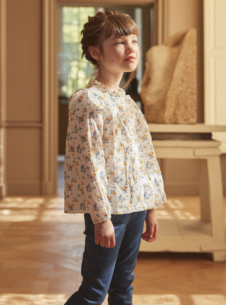 Blouse écrue à imprimé fleuri en gaze de coton