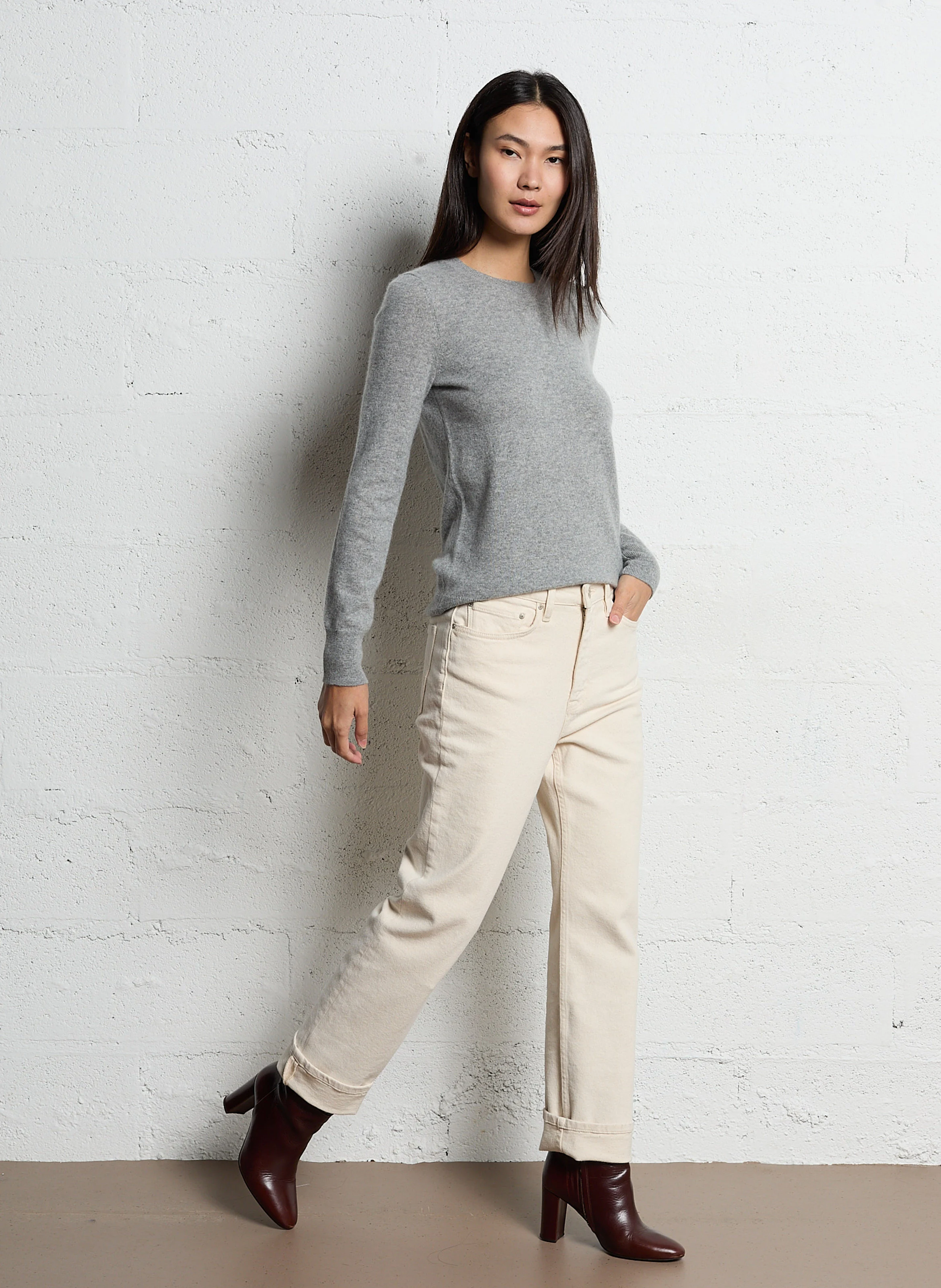 Pull droit col rond en cachemire | Gris
