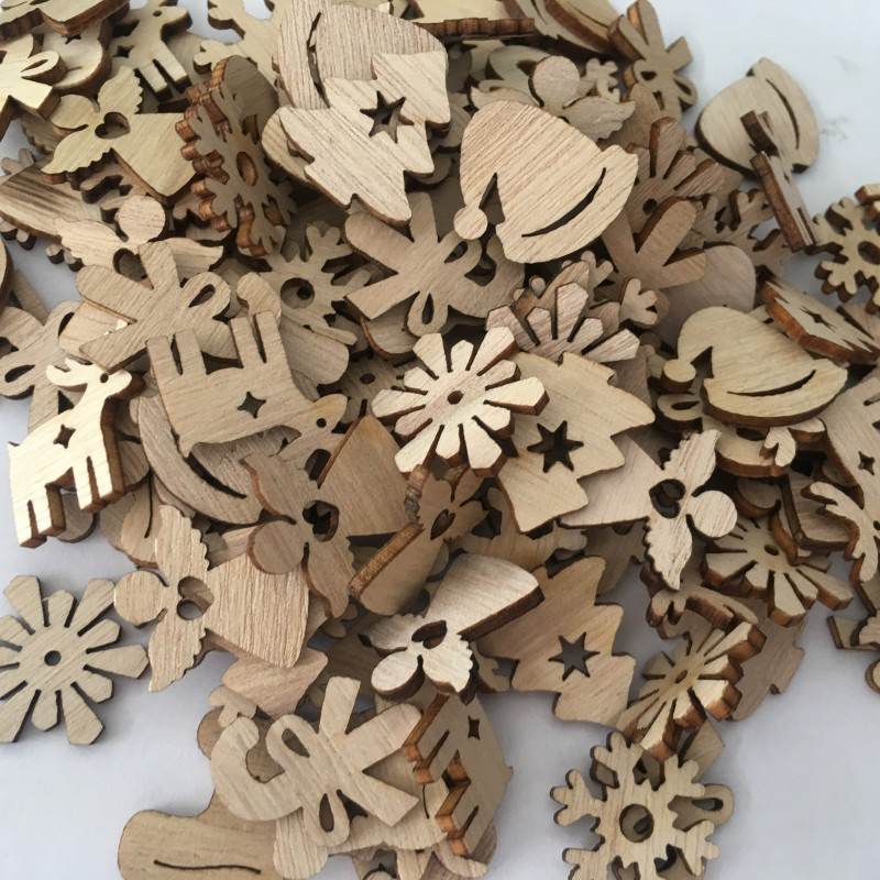 (50er Set) Christmas Deko Holz Weihnachts Tischdekoration Schneeflocke / Rentier / Engel - Braun