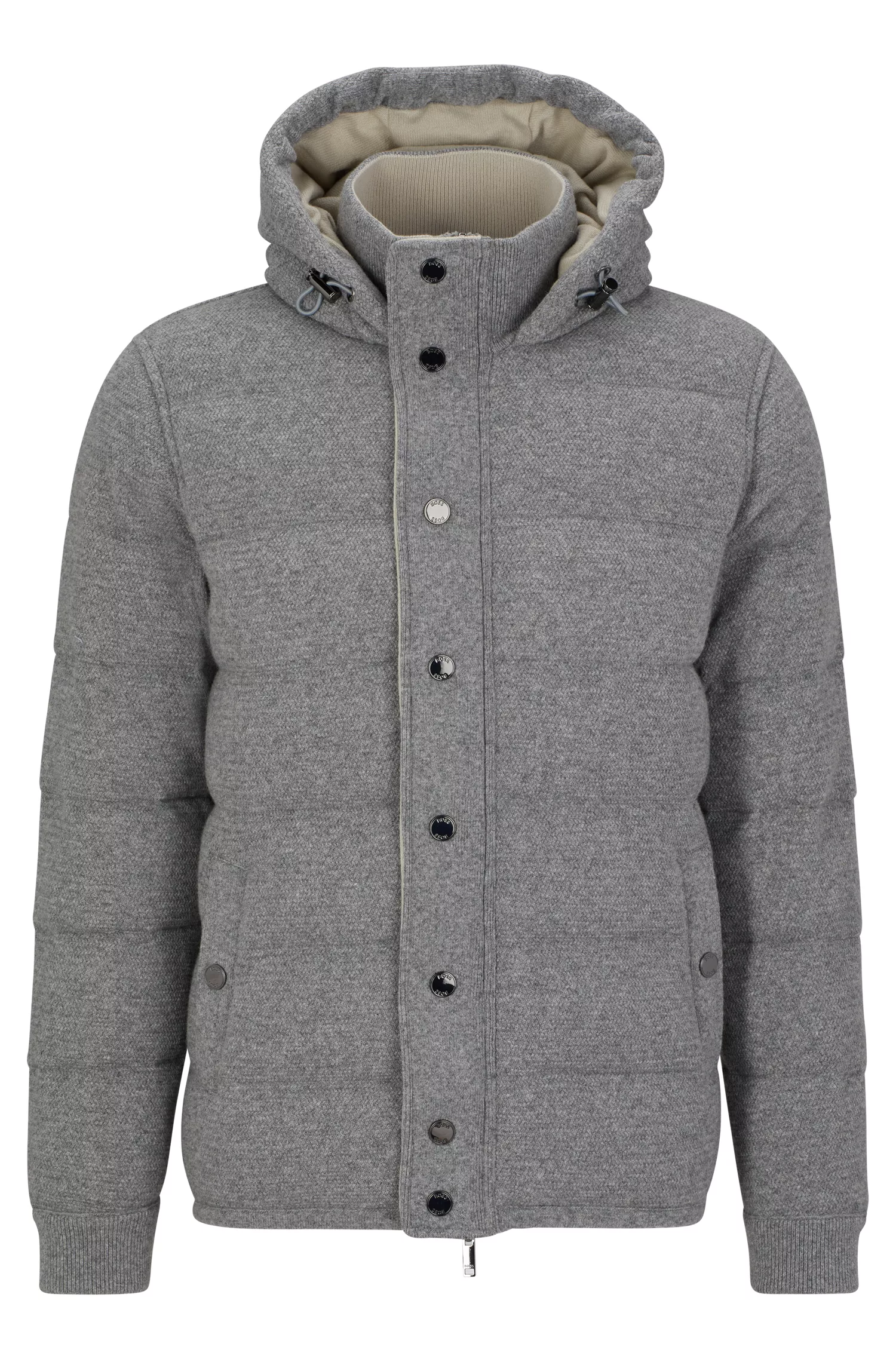 Jaqueta puffer BOSS com enchimento de plumas de camelo e cashmere.