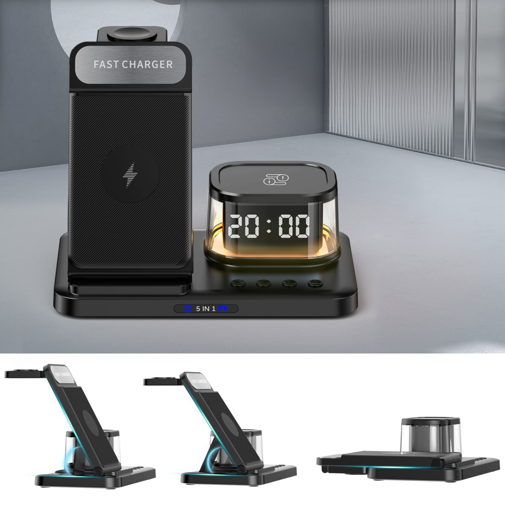 (15W) 5in1 Ladegerät Qi Wireless Charger für Smartphones / Apple Airpods / Apple Watch Ladestation mit Uhrzeit   Nachtlicht - Schwarz