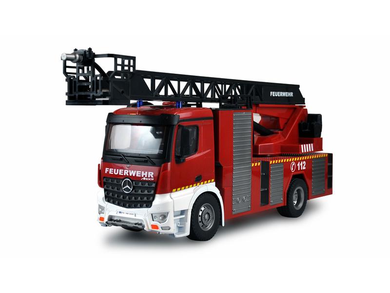 Amewi Mercedes Benz Arocs Feuerwehr Drehleiter RTR, 1:18 Realistisches Feuerwehrauto mit Beleuchtung, Soundeffekten und Wasserwerfer