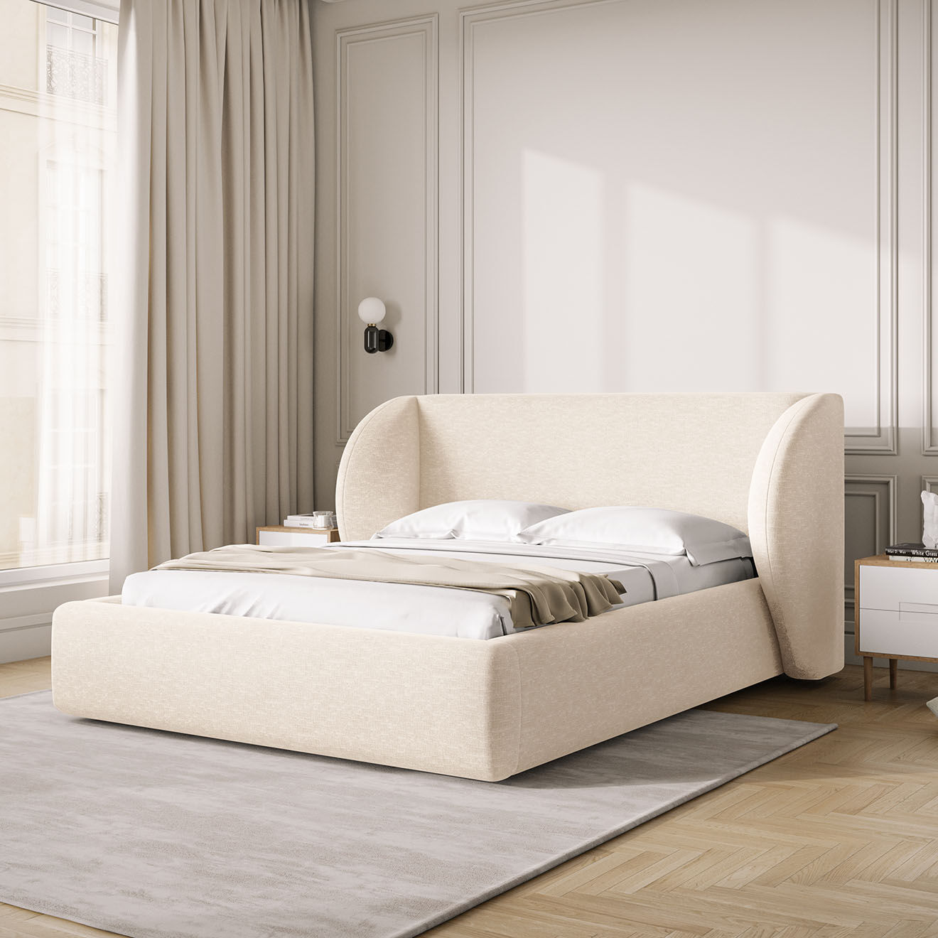 Micadoni Lit Coffre Chenille avec Tête de Lit Miley beige clair - 230x247x100 cm