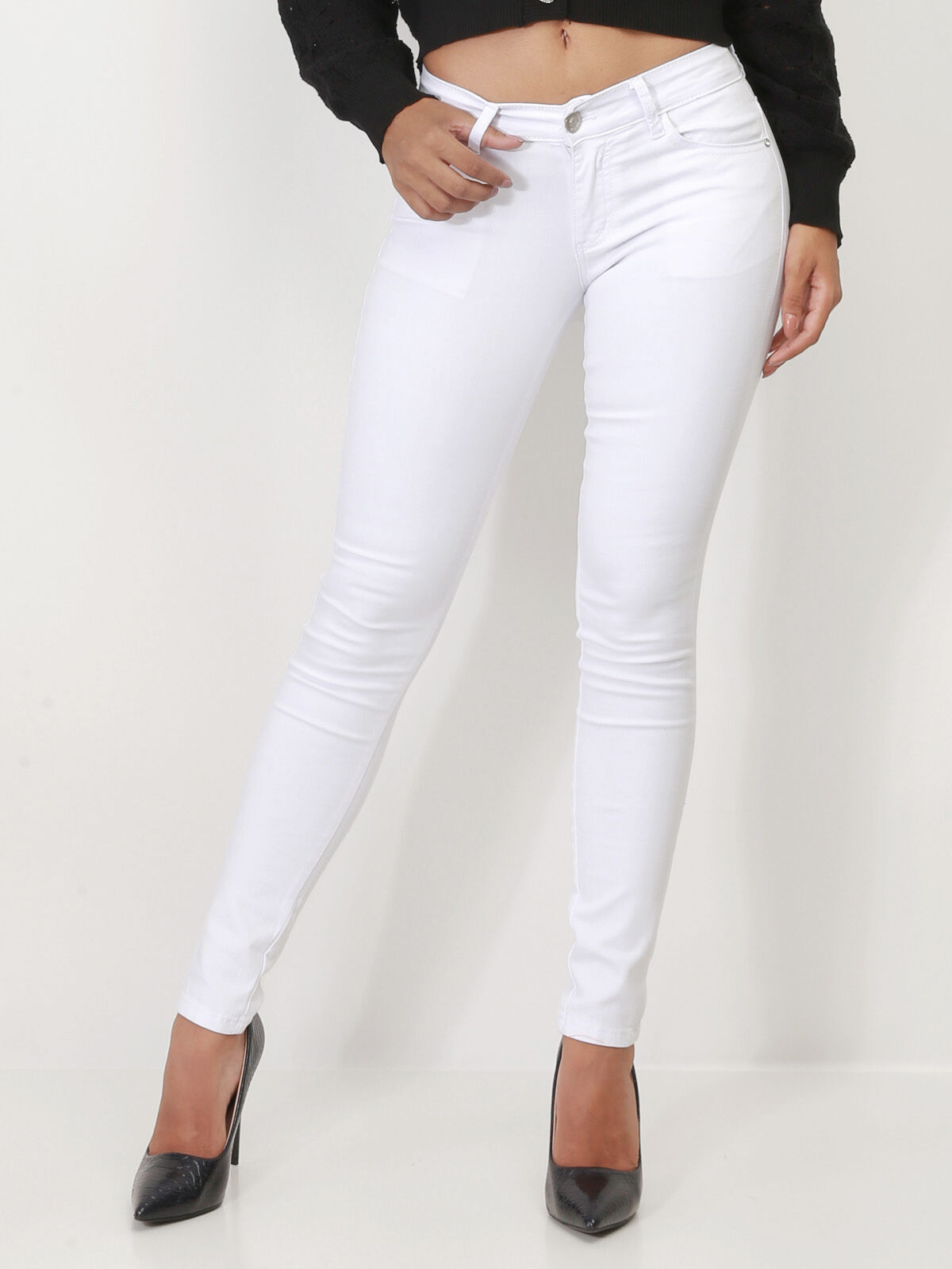 Jeans skinny avec nœuds sur les poches- Blanc