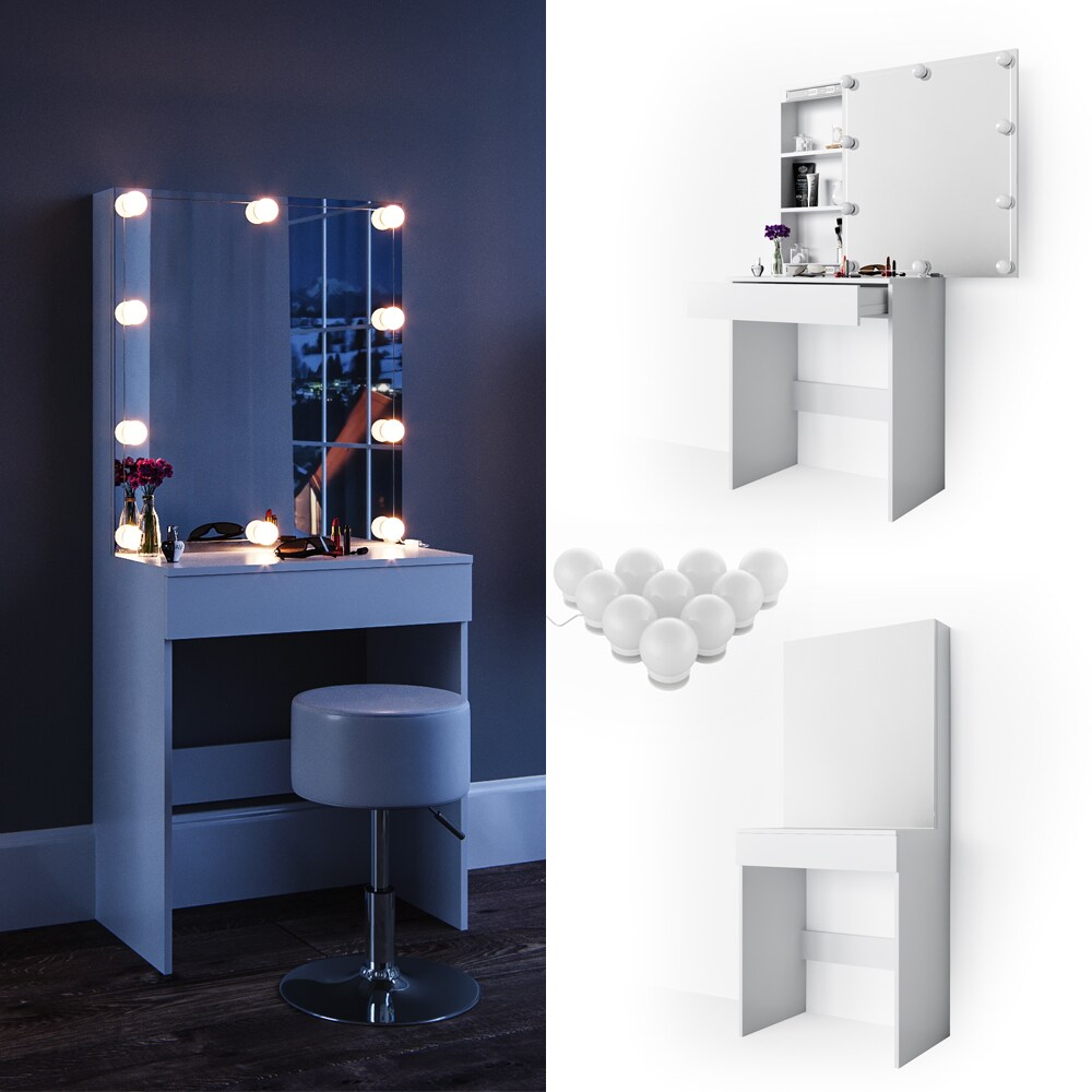 Vicco Schminktisch Melle Frisiertisch Kommode Frisierkommode Spiegel Weiß inklusive LED-Lichterkette