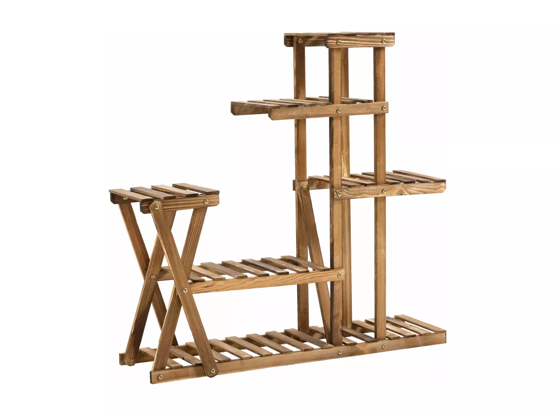 Étagère à fleurs en bois - porte plante bois 6 tablettes - dim. 98L x 28l x 95H cm - bois de sapin traité carbonisation