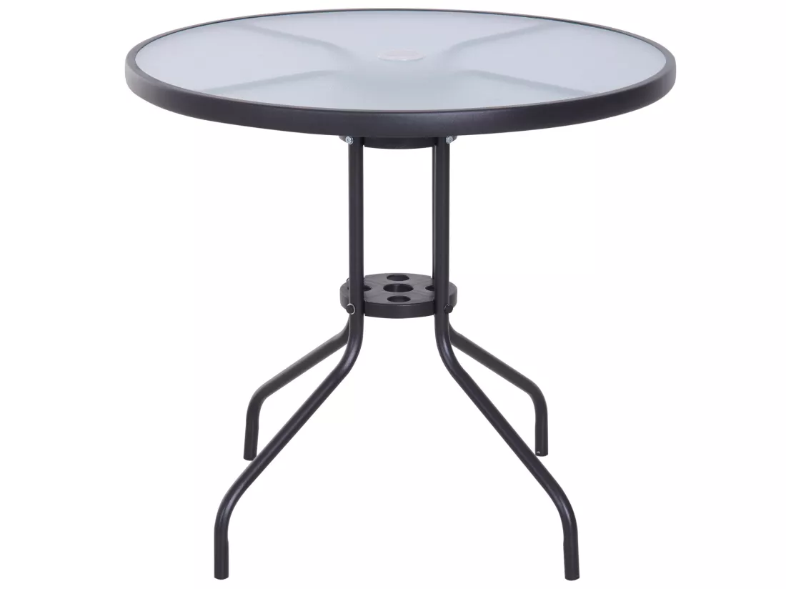 Table ronde bistro de jardin dim. Ø 80 x 72H cm espace installation parasol acier époxy noir plateau verre trempé