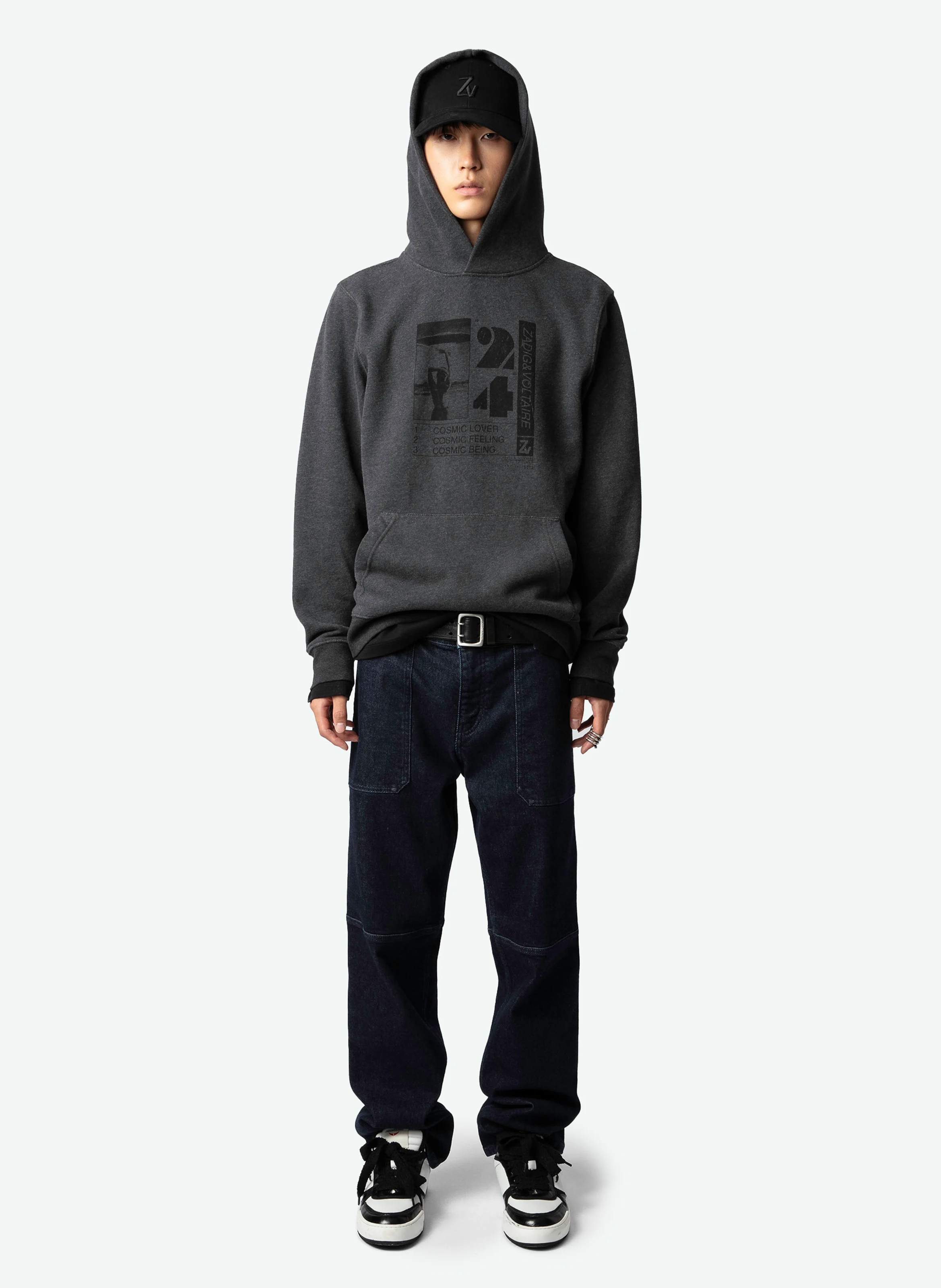 SANCHI - Sweat à capuche droit en coton bio mélangé sérigraphié | Gris