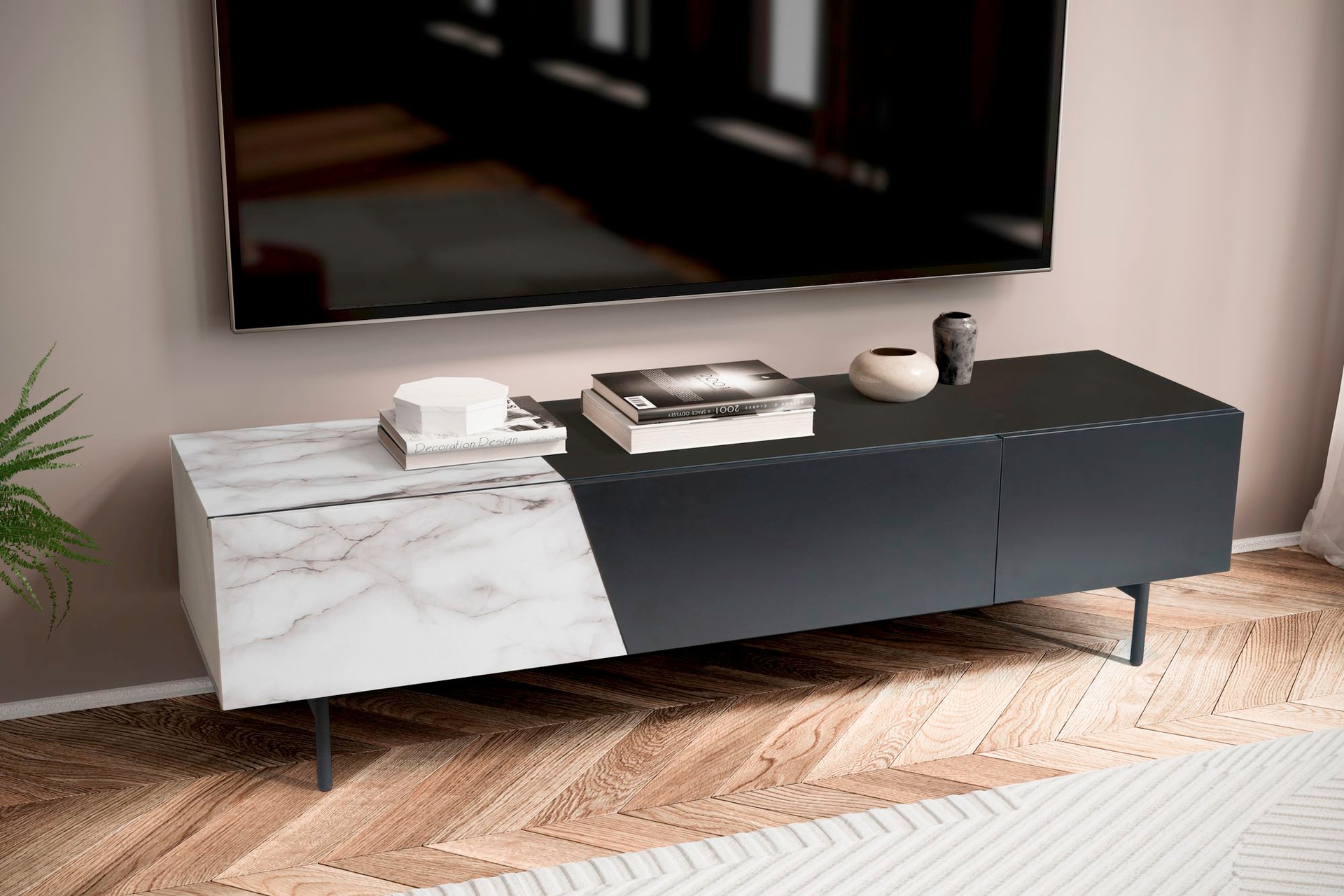 Lowboard 150 x 40 cm Eiche-Dekor/Marmor-Optik