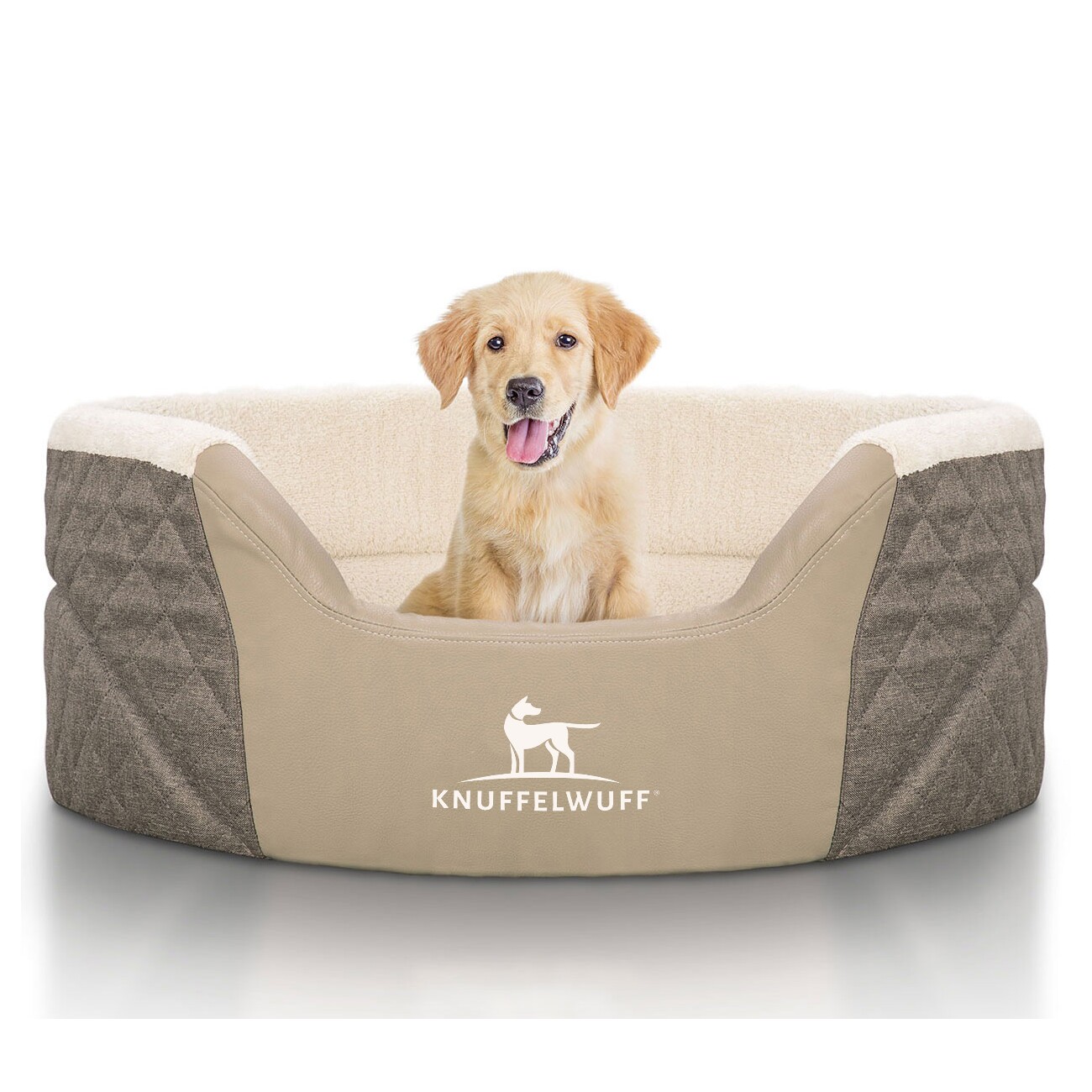 Knuffelwuff Orthopädisches Hundebett Lena aus Velours und Kunstleder mit hohem Schaumstoffrand braun/ beige M-L