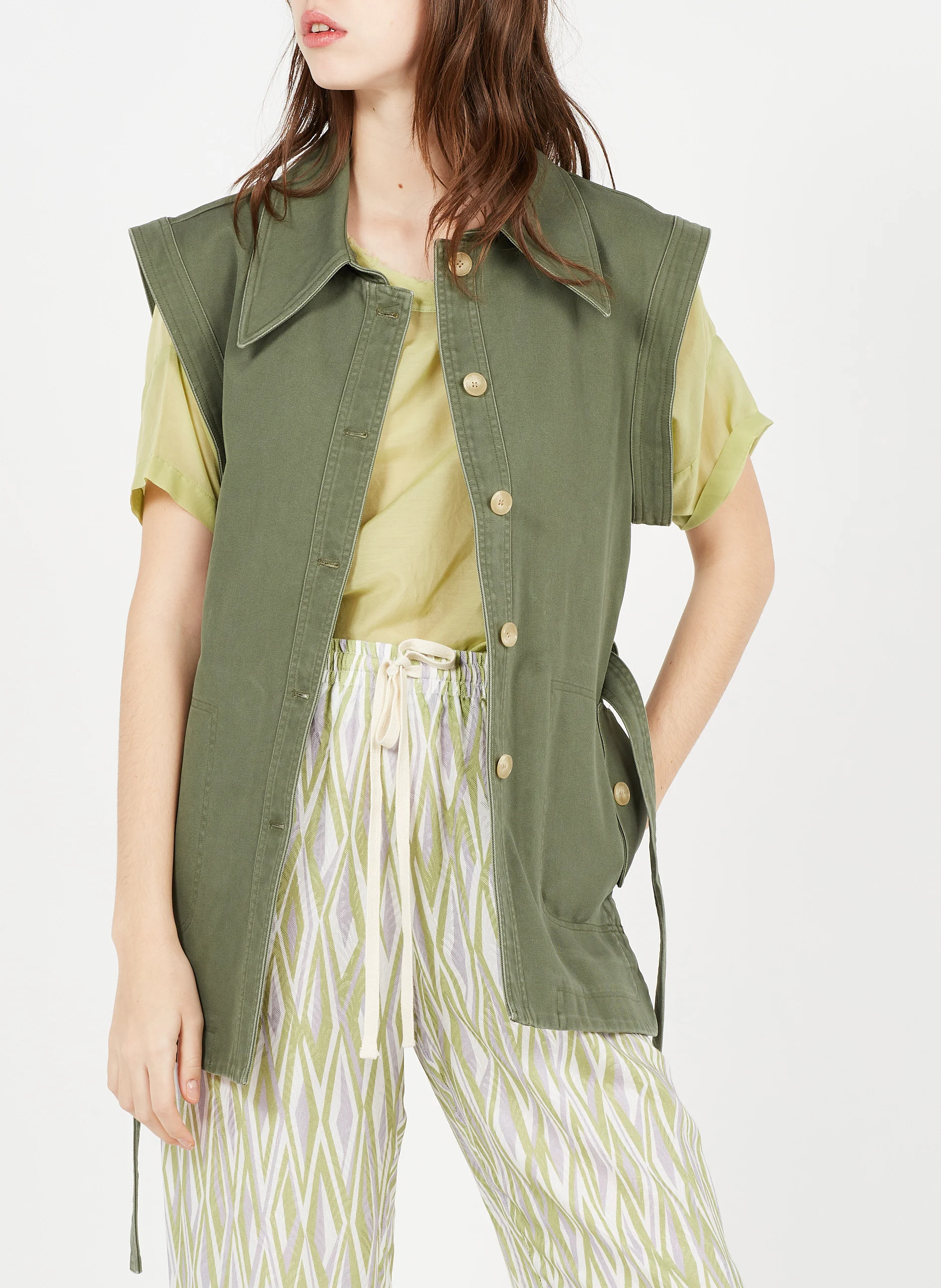 PUMP - Veste col classique sans manche en coton | Kaki